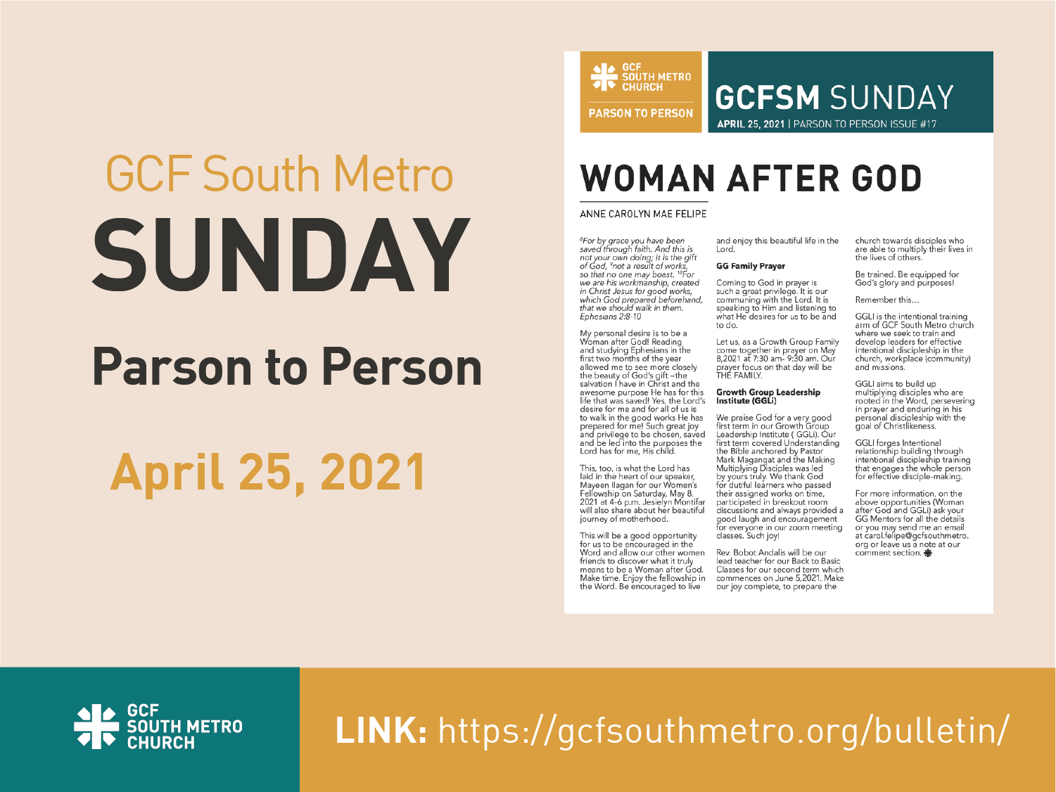 Sunday Bulletin – Parson to Person, April 25, 2021