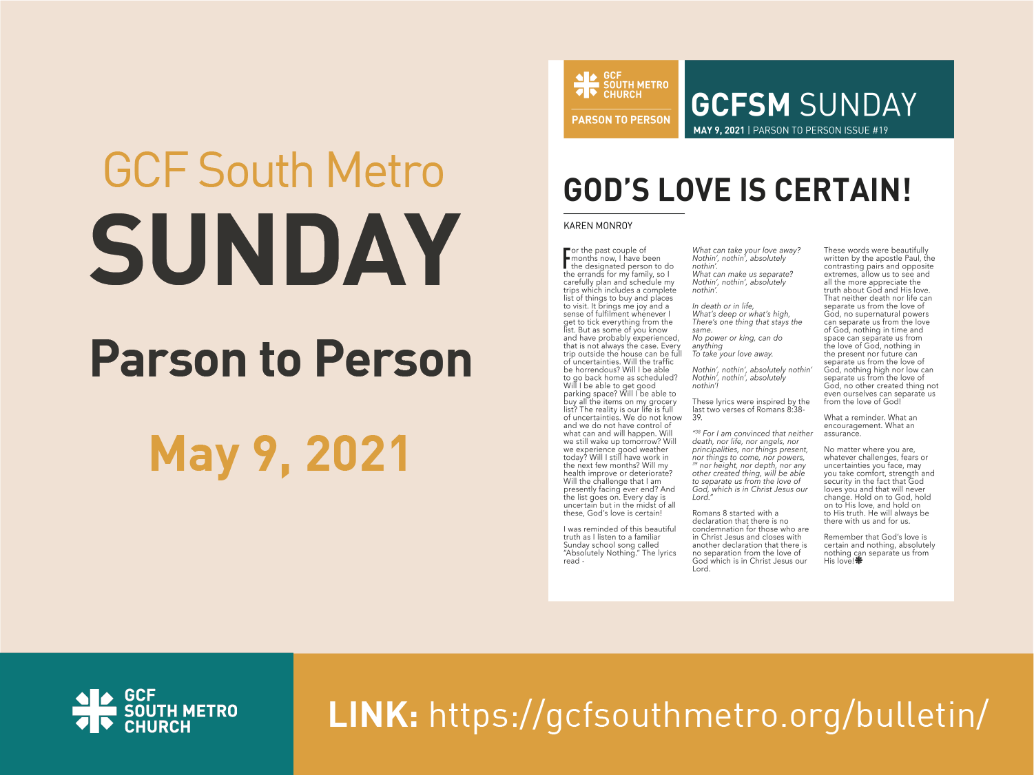 Sunday Bulletin – Parson to Person, May 9, 2021