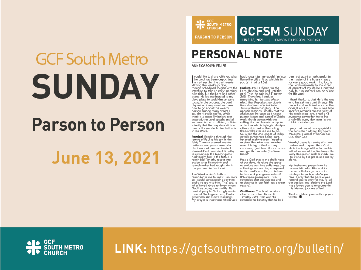 Sunday Bulletin – Parson to Person, June 13, 2021