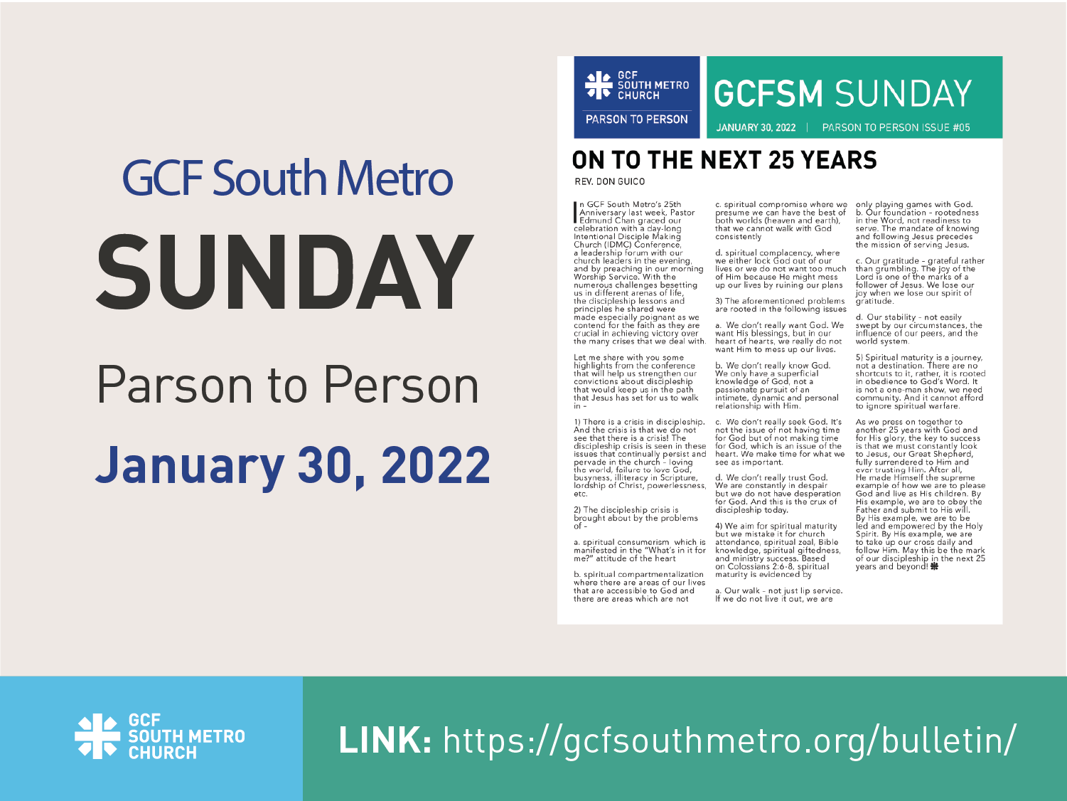 Sunday Bulletin – Parson to Person, January 30, 2022