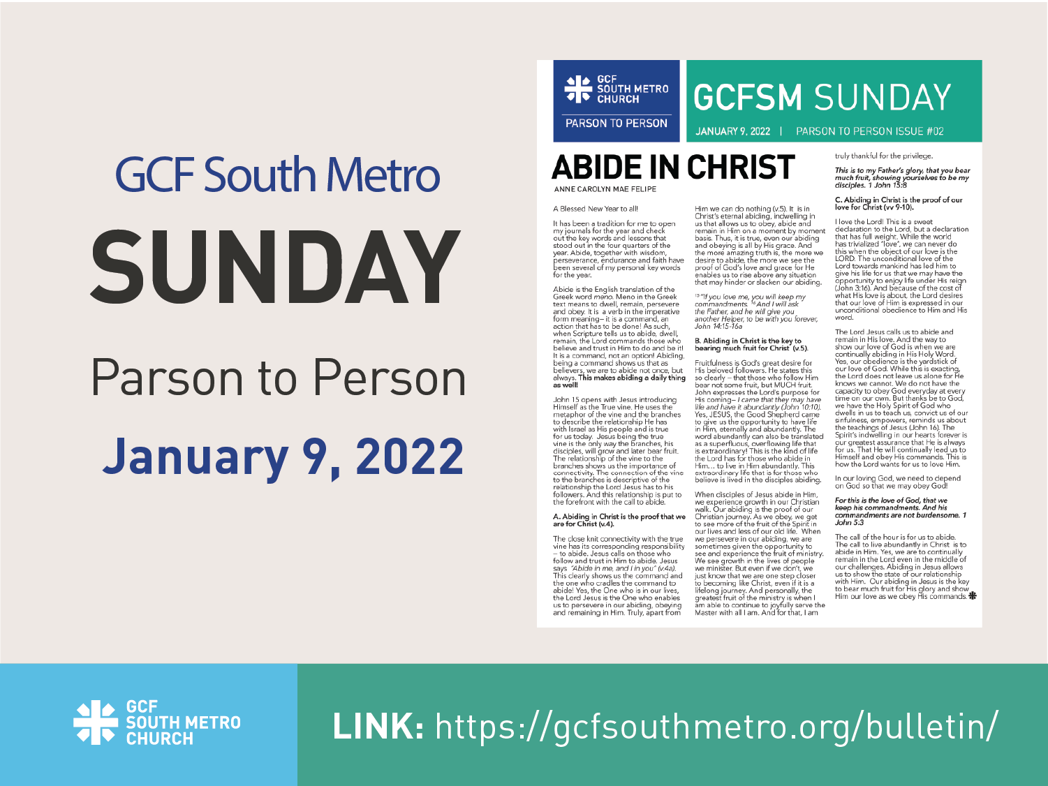 Sunday Bulletin – Parson to Person, January 9, 2022