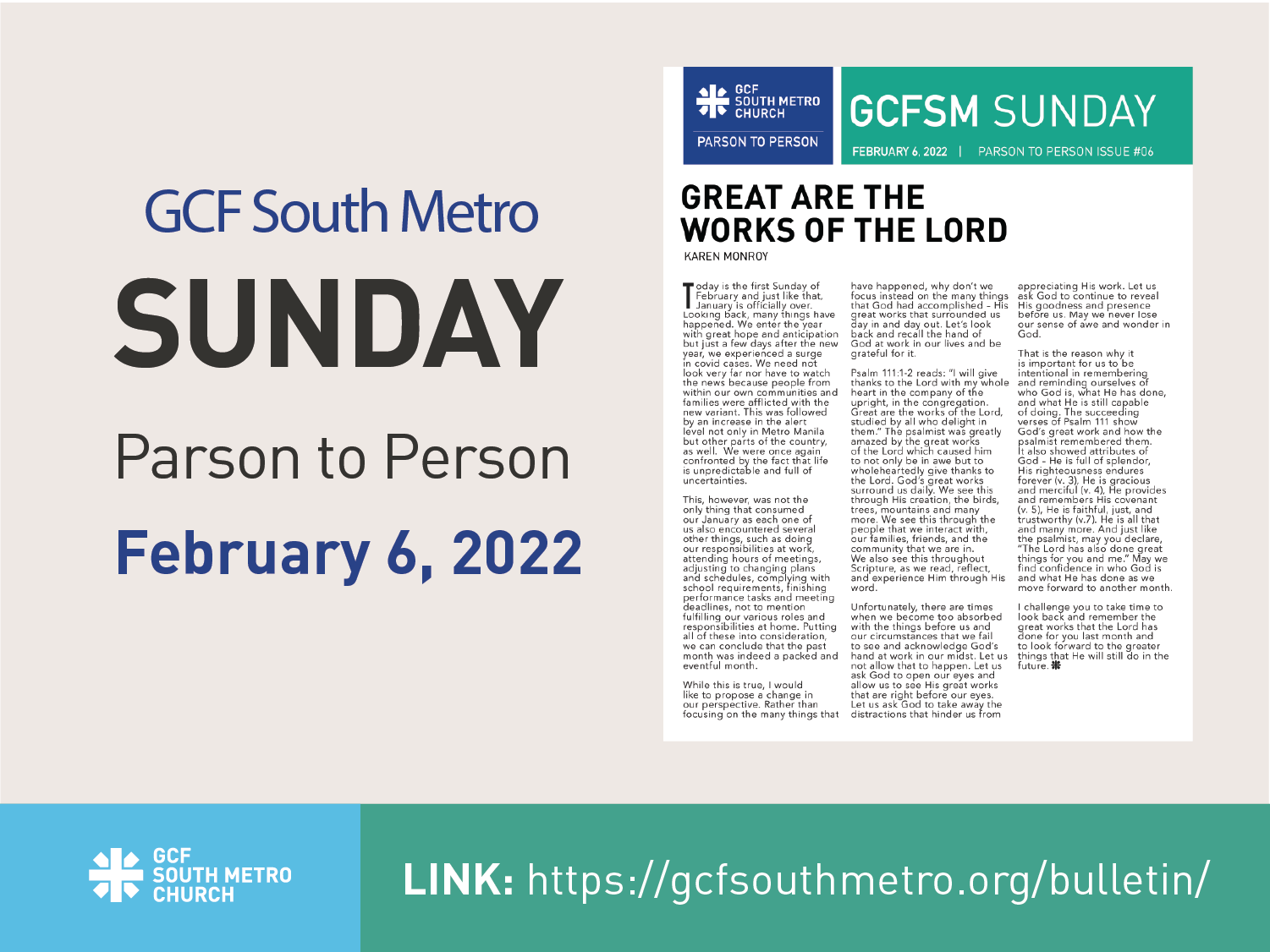 Sunday Bulletin – Parson to Person, February 6, 2022