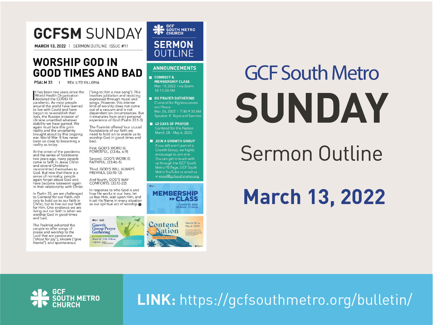 Sunday Bulletin – Sermon Outline, March 13, 2022