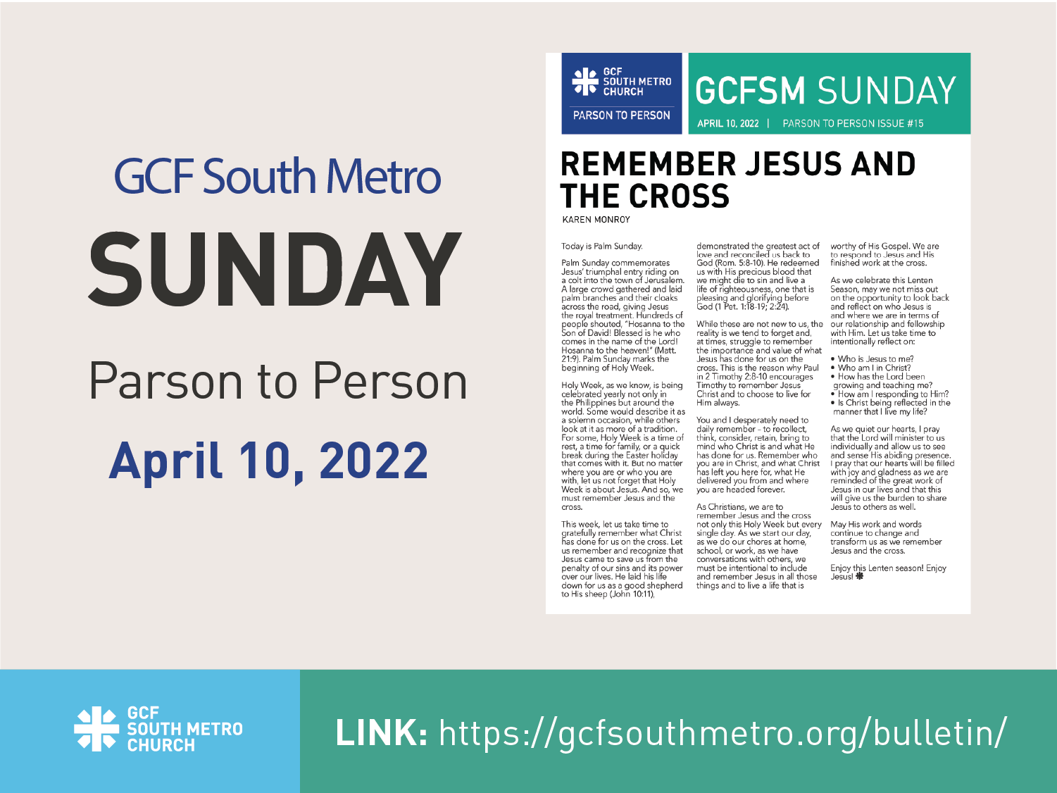 Sunday Bulletin – Parson to Person, April 10, 2022