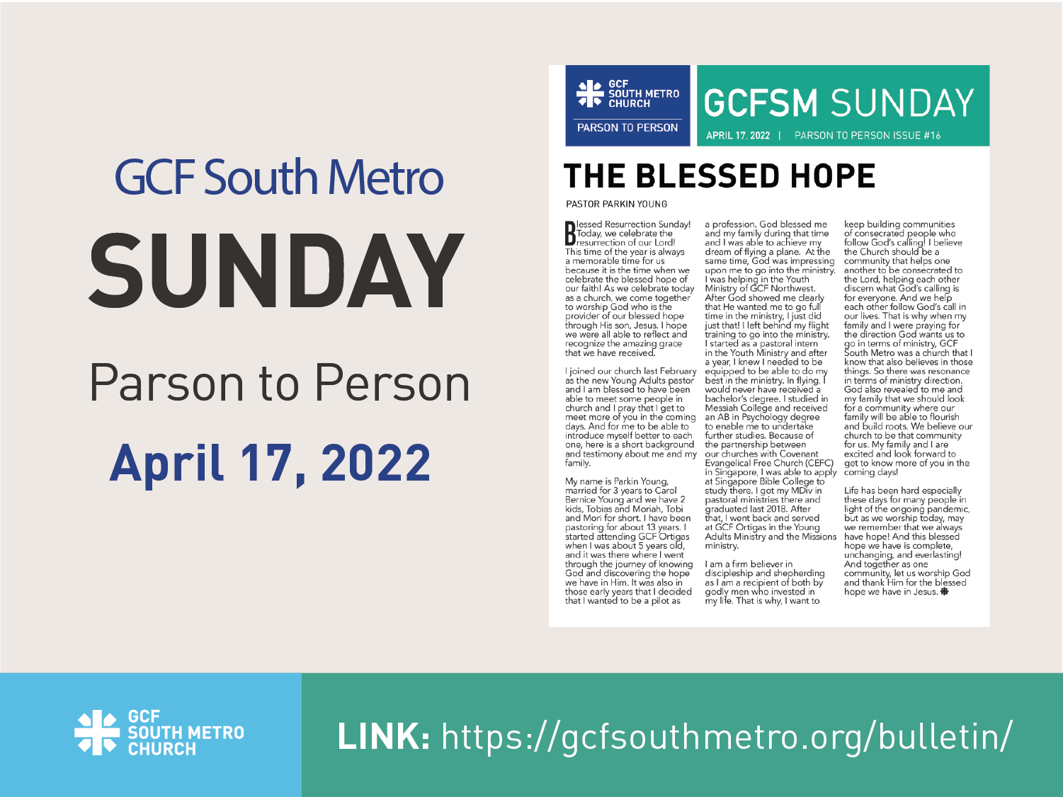 Sunday Bulletin – Parson to Person, April 17, 2022