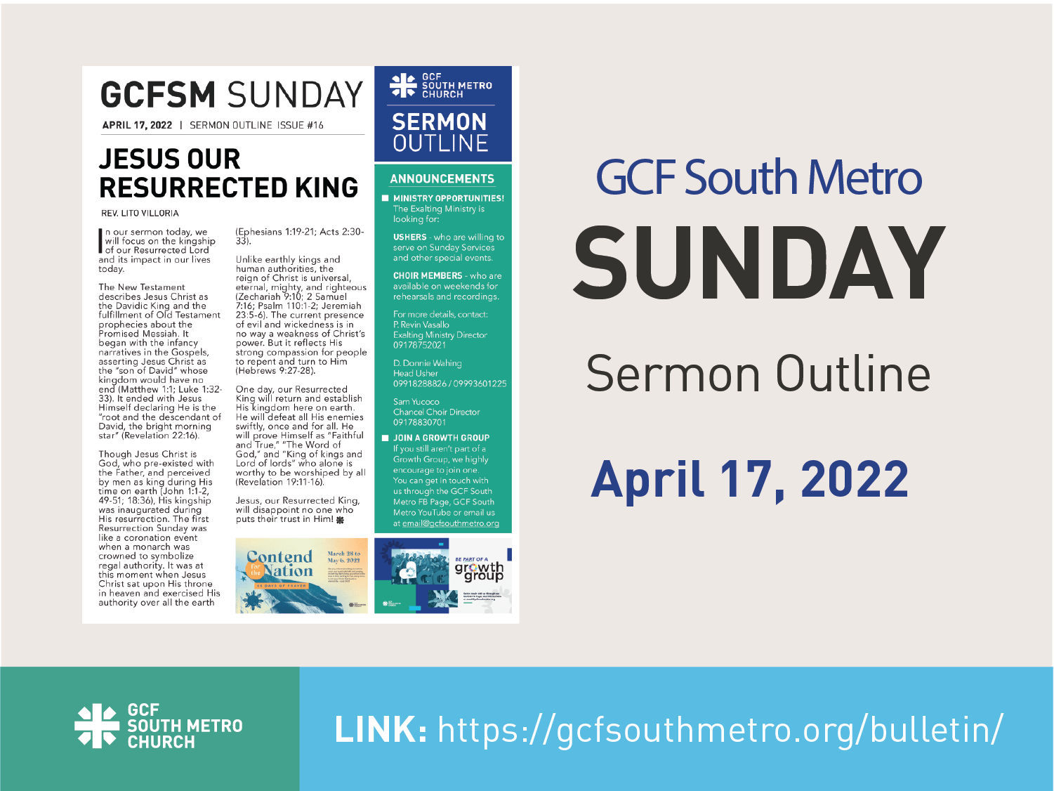 Sunday Bulletin – Sermon Outline, April 17, 2022