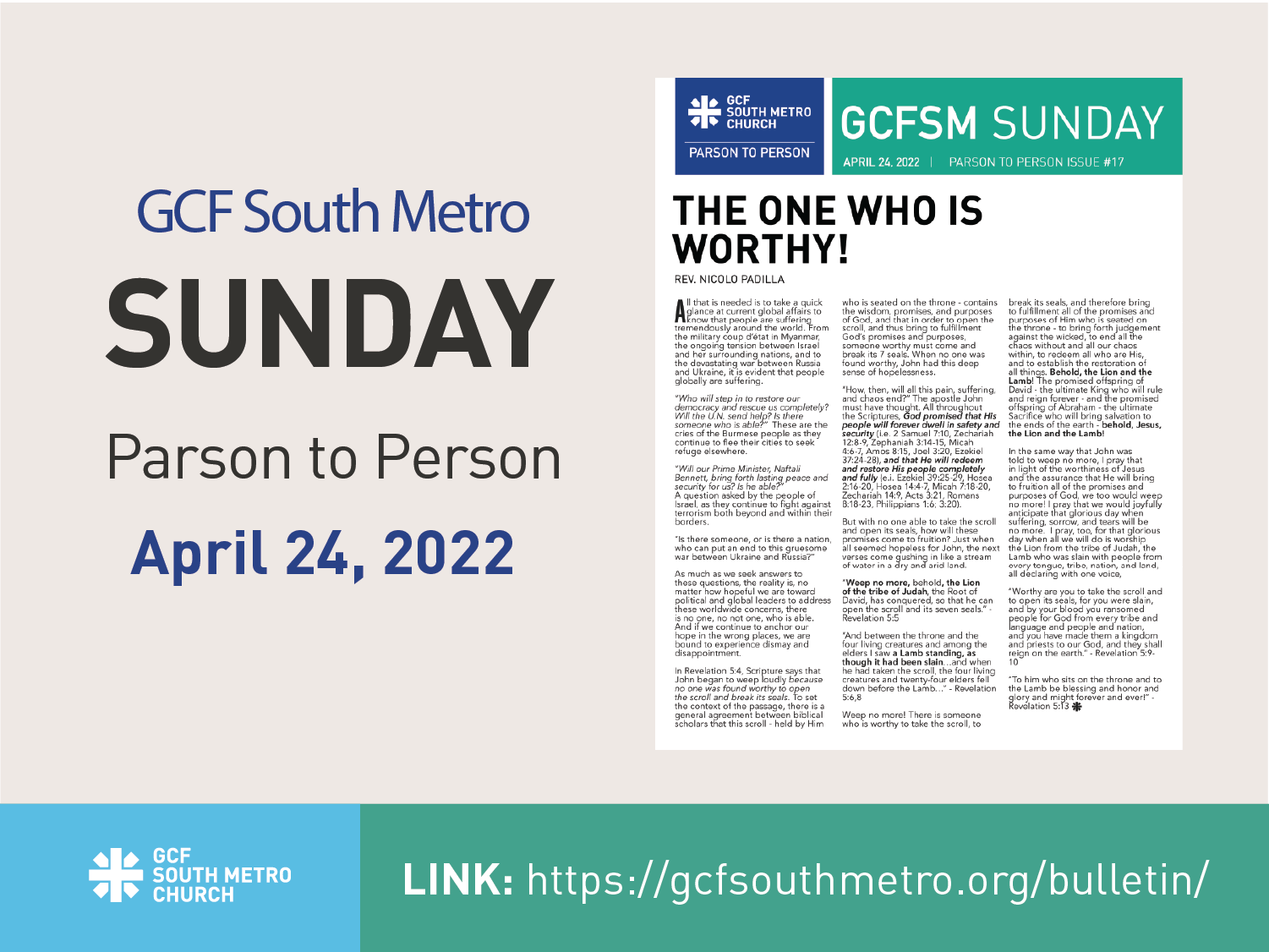 Sunday Bulletin – Parson to Person, April 24, 2022