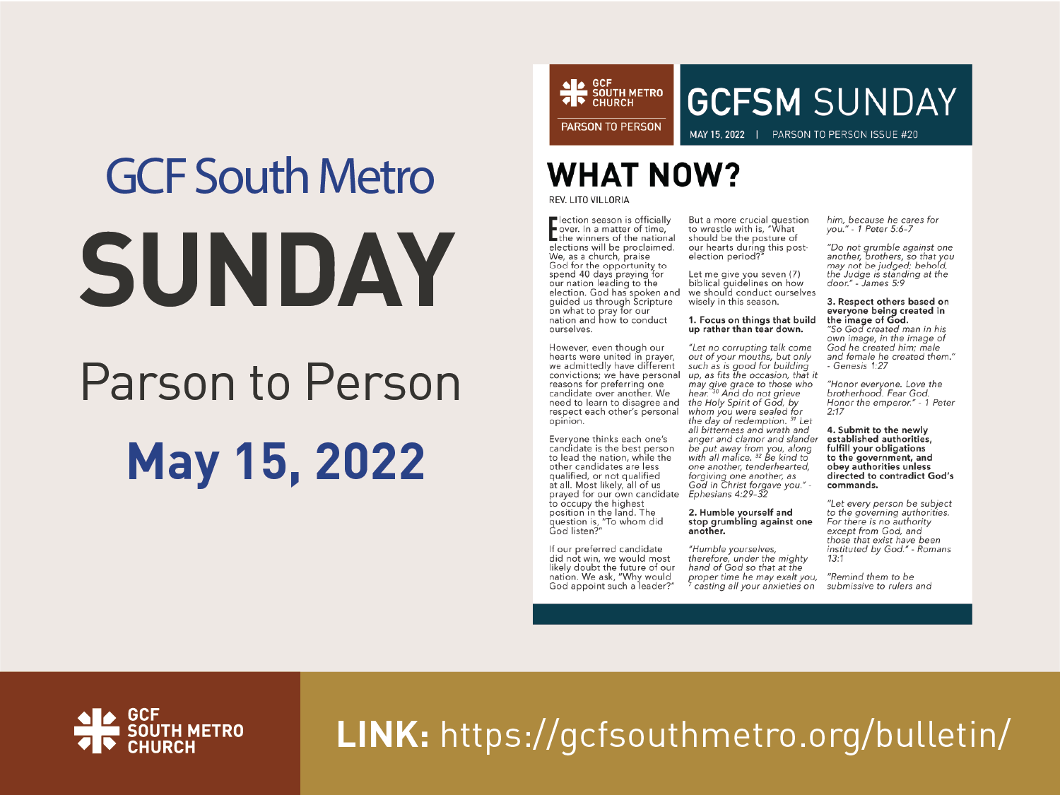Sunday Bulletin – Parson to Person, May 15, 2022