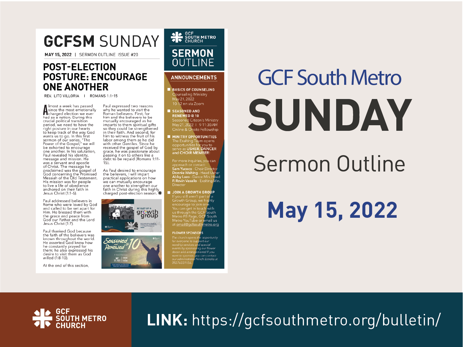 Sunday Bulletin – Sermon Outline, May 15, 2022