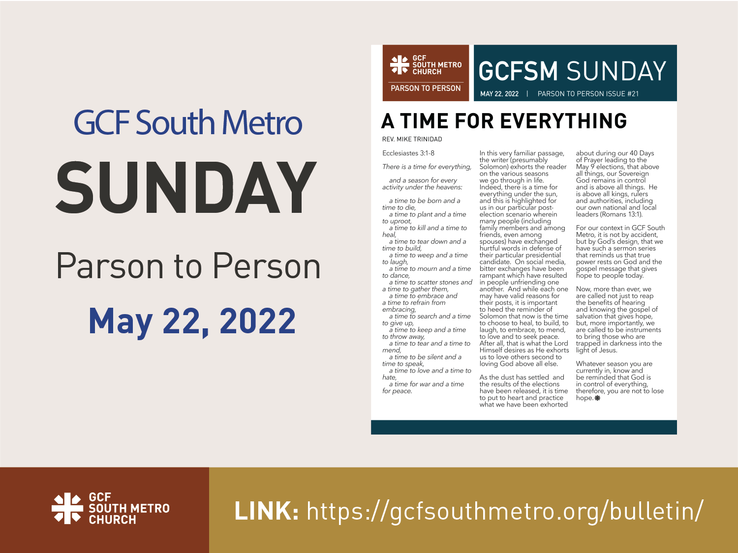 Sunday Bulletin – Parson to Person, May 22, 2022
