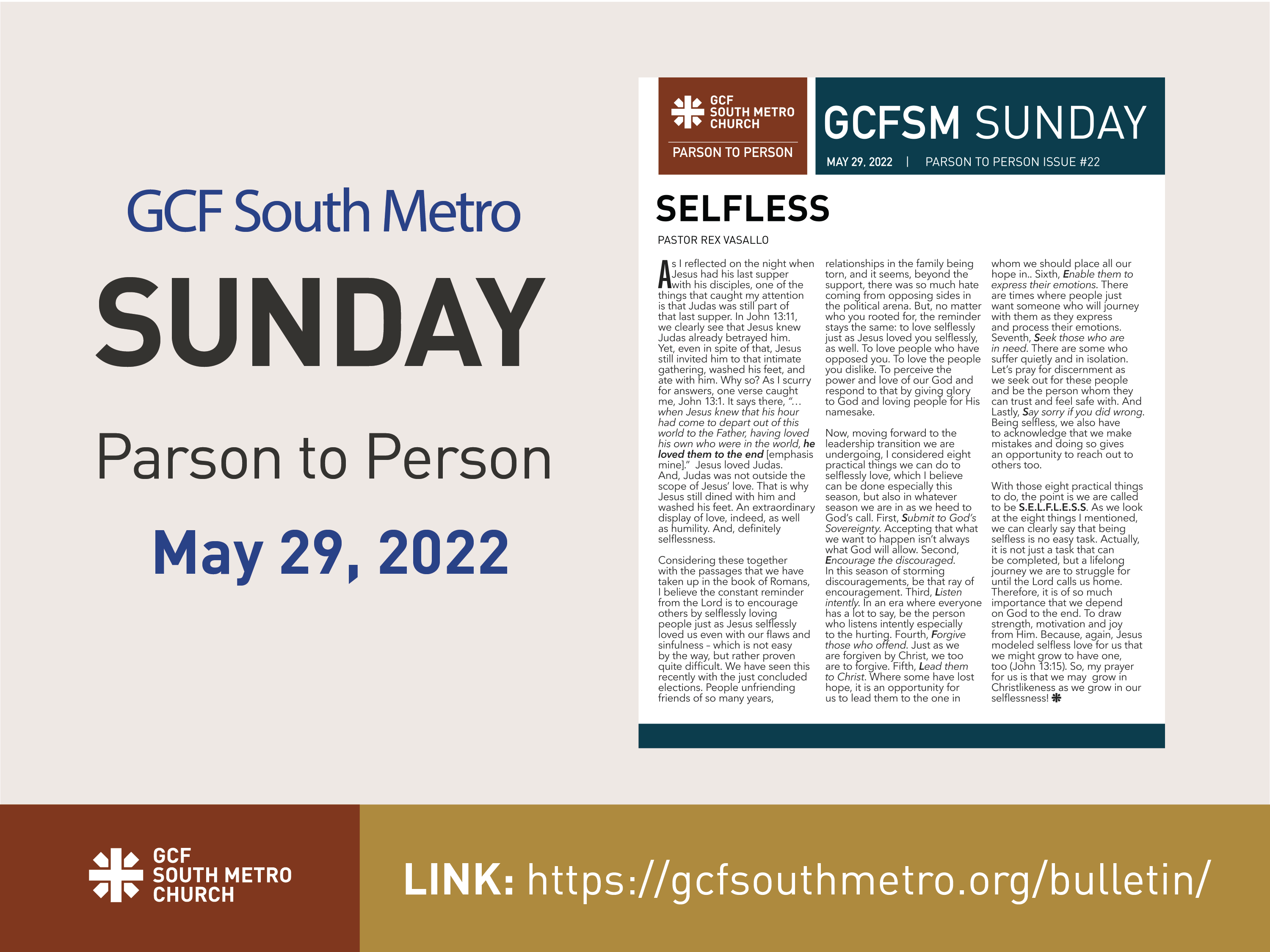 Sunday Bulletin – Parson to Person, May 29, 2022