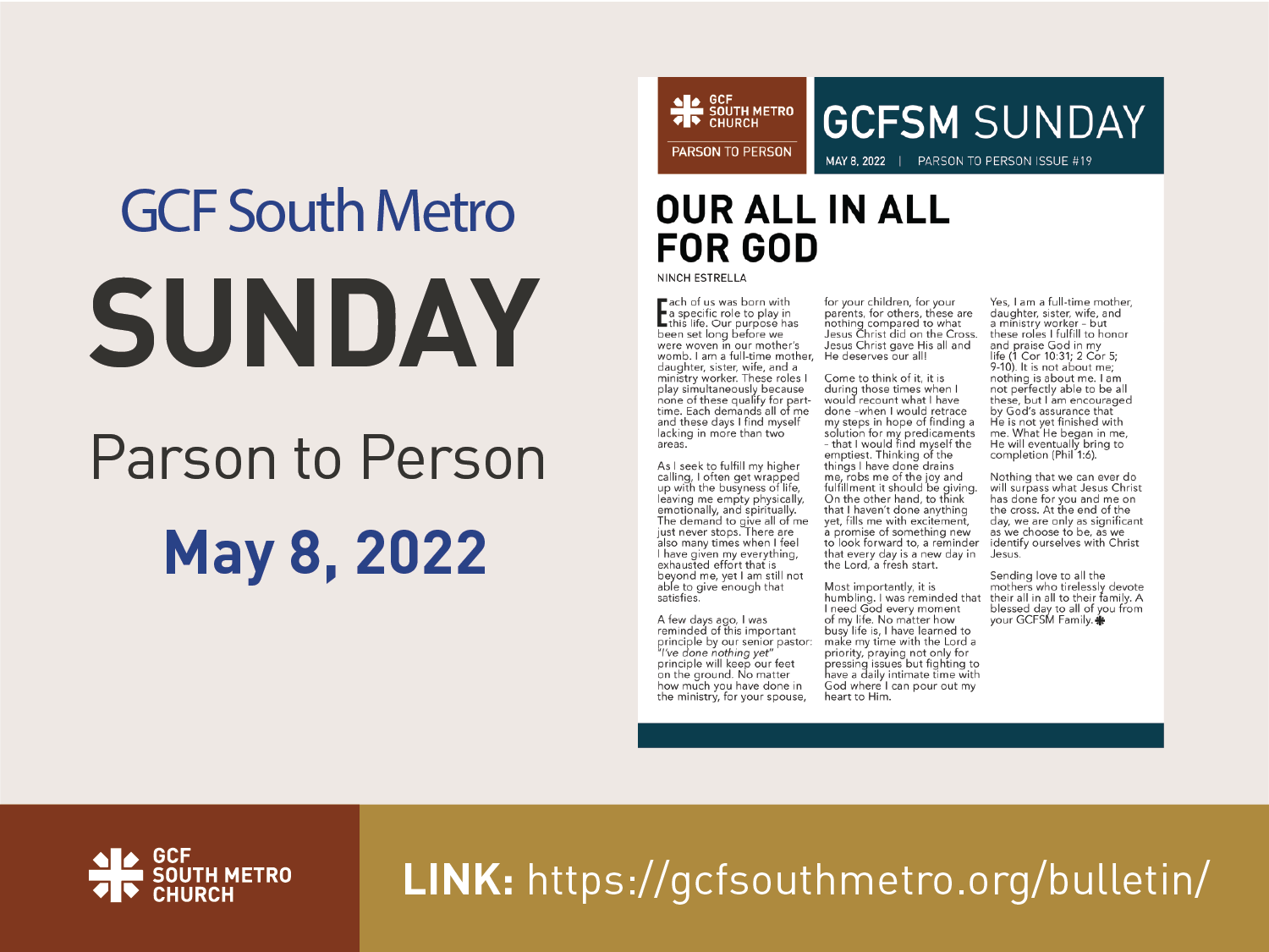Sunday Bulletin – Parson to Person, May 8, 2022