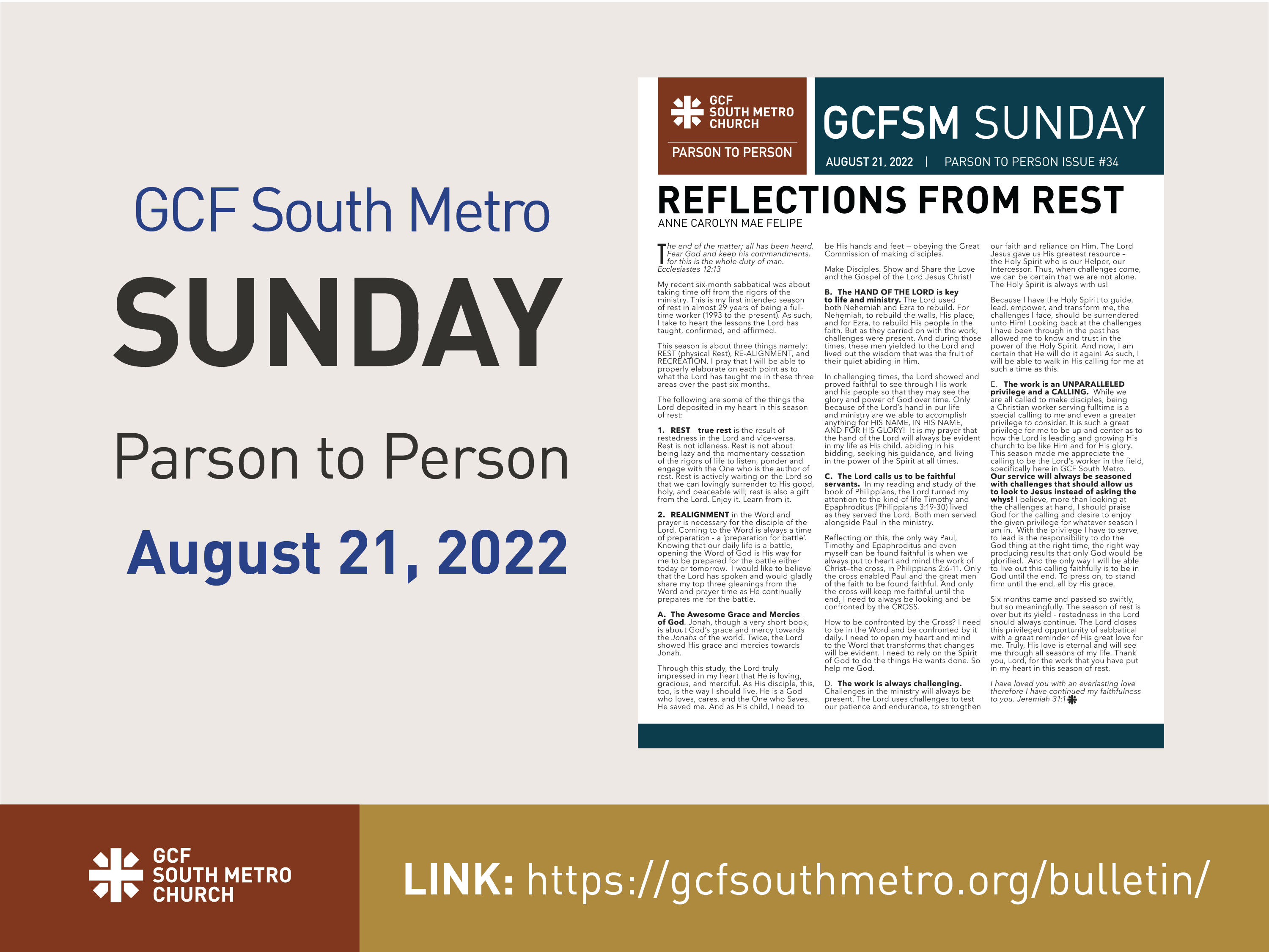Sunday Bulletin – Parson to Person, August 21, 2022