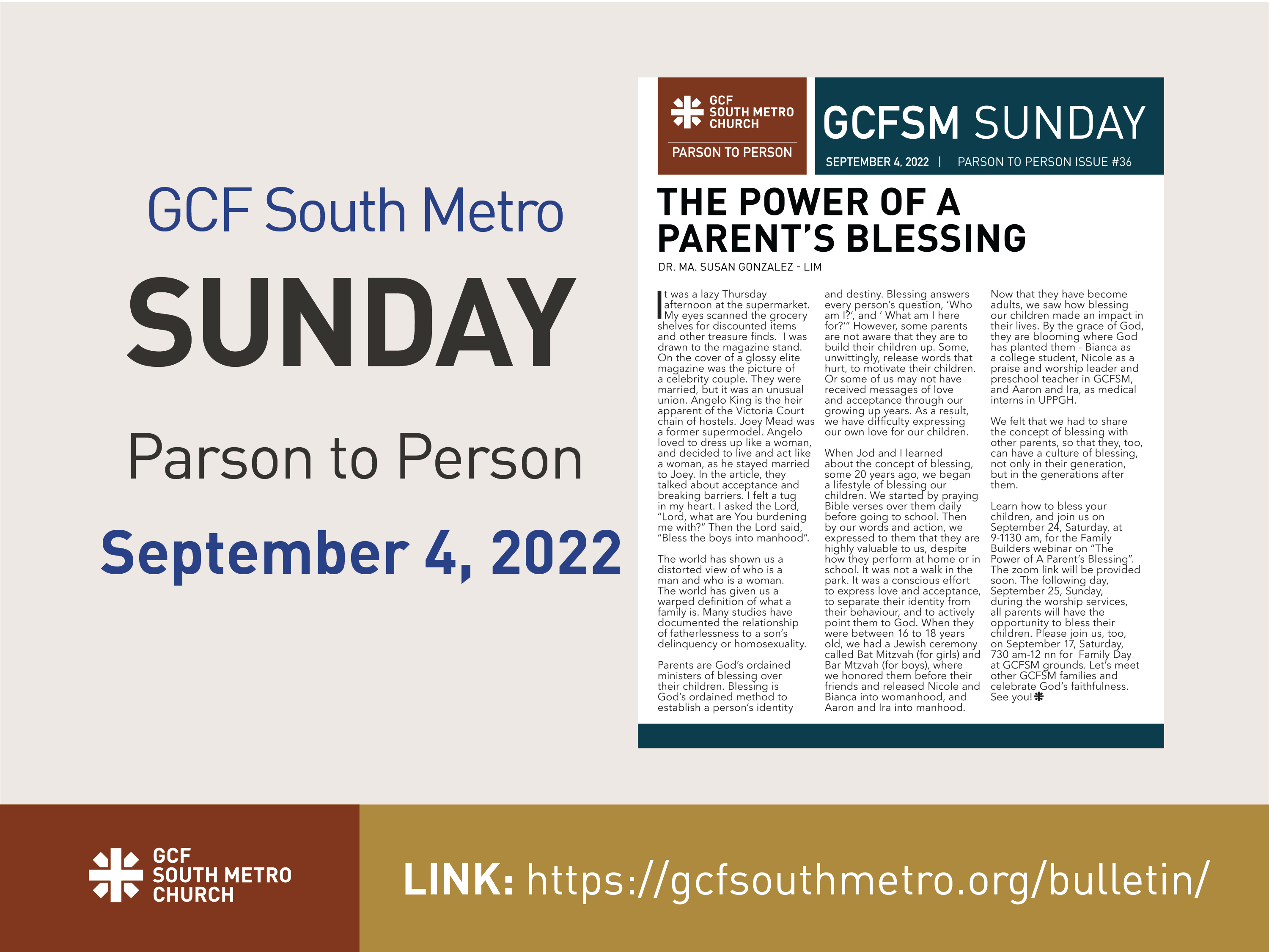 Sunday Bulletin – Parson to Person, September 4, 2022