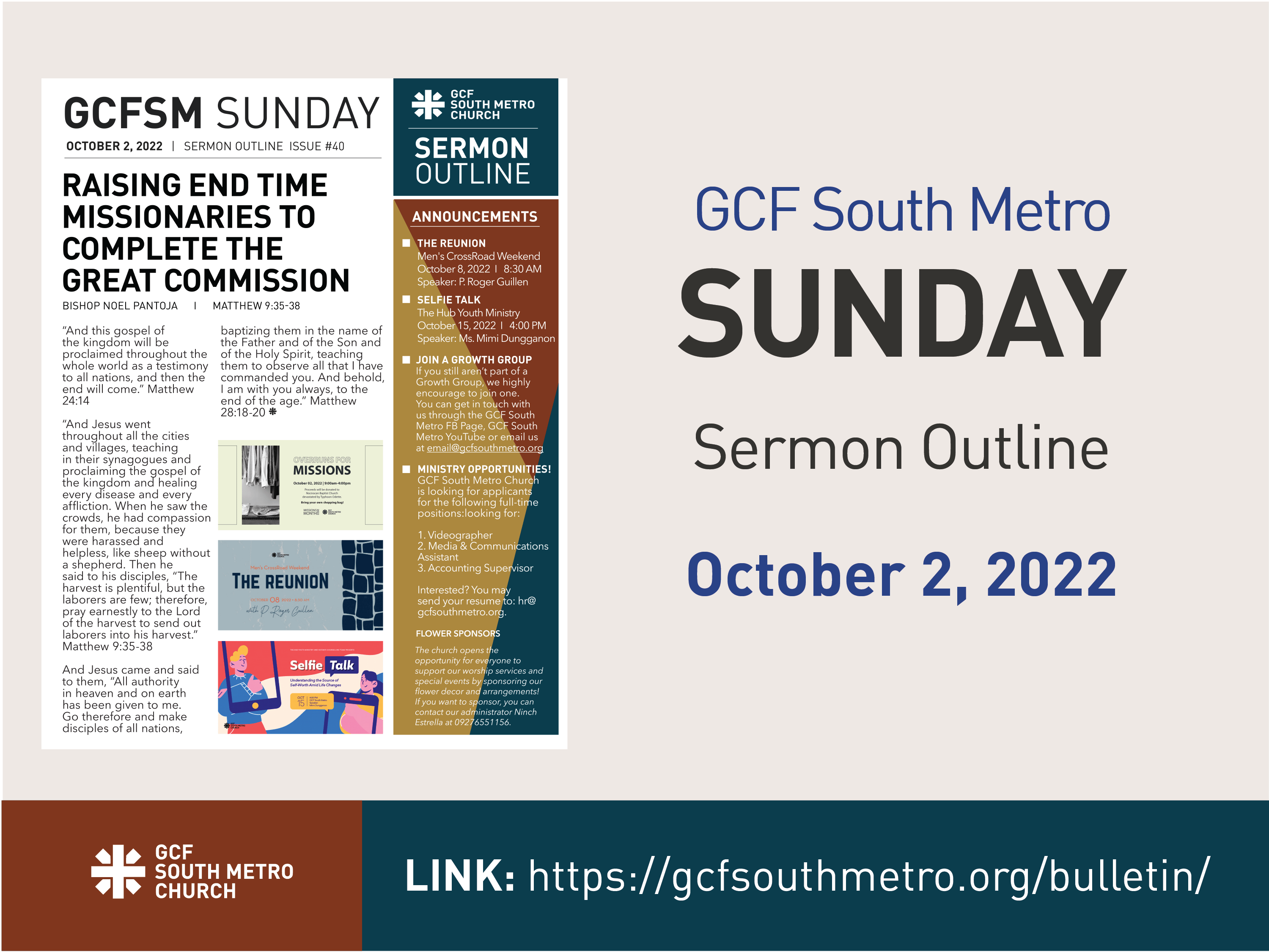 Sunday Bulletin – Sermon Outline, October 2, 2022