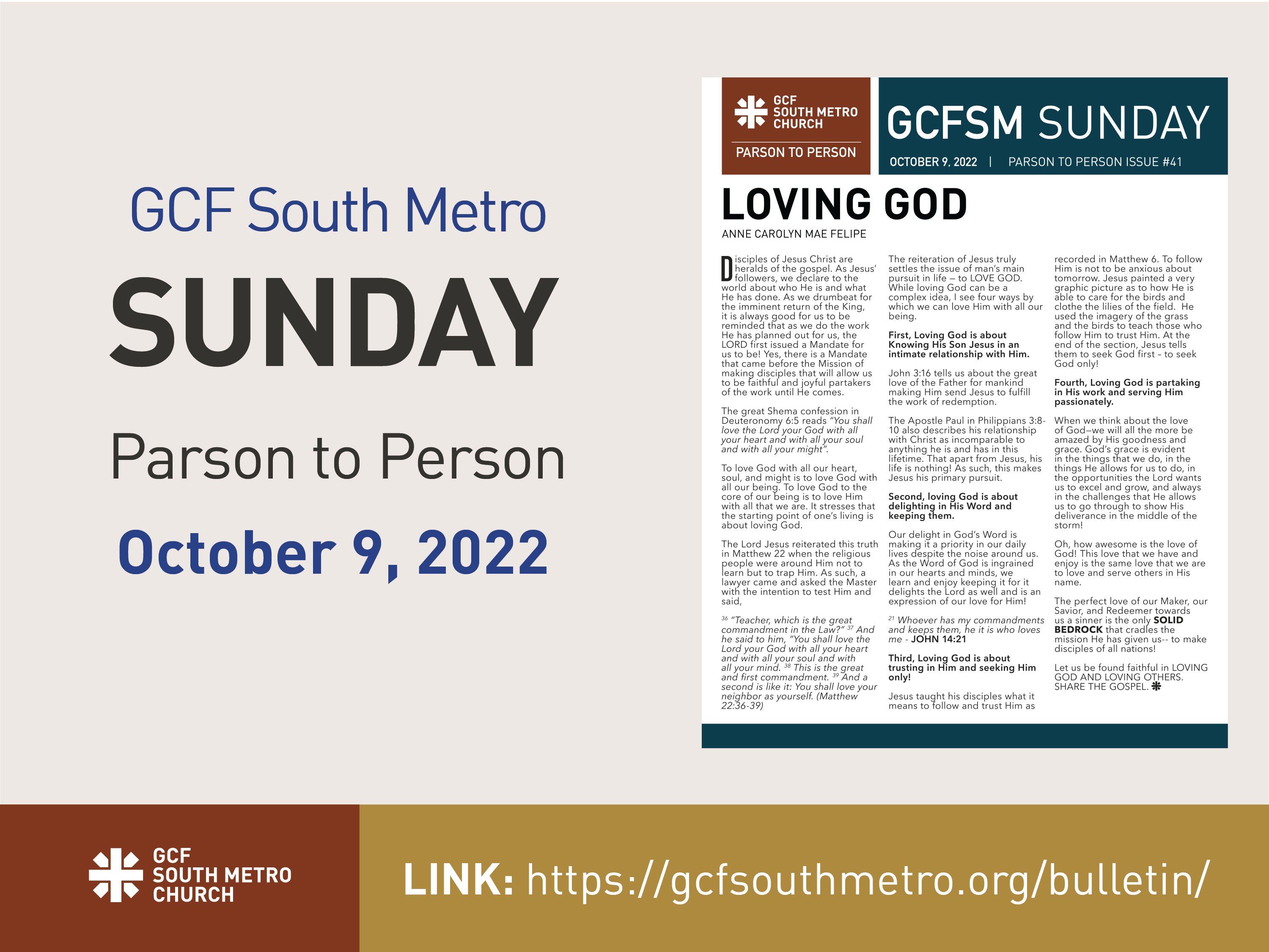 Sunday Bulletin – Parson to Person, October 9, 2022