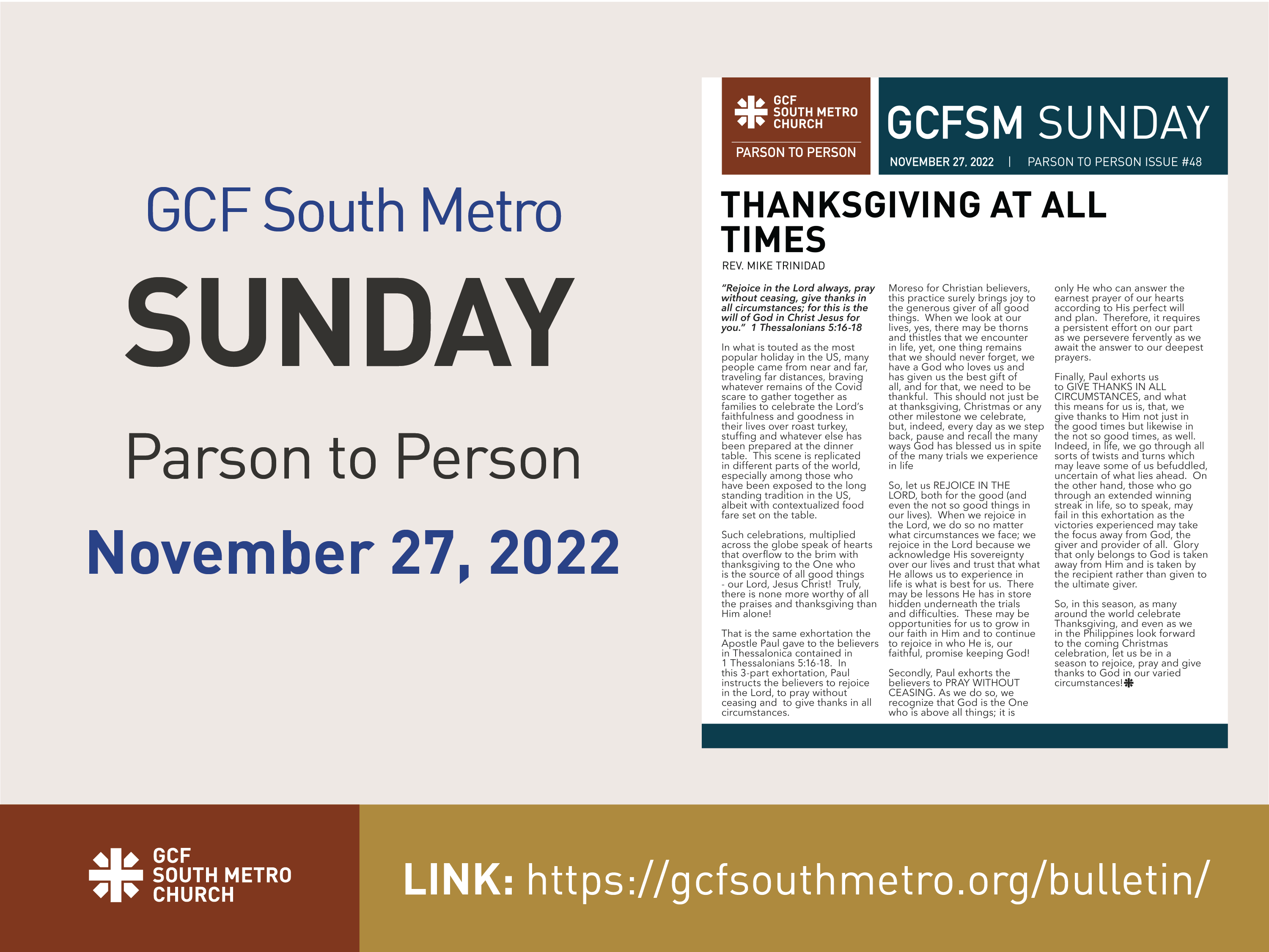 Sunday Bulletin – Parson to Person, November 27, 2022