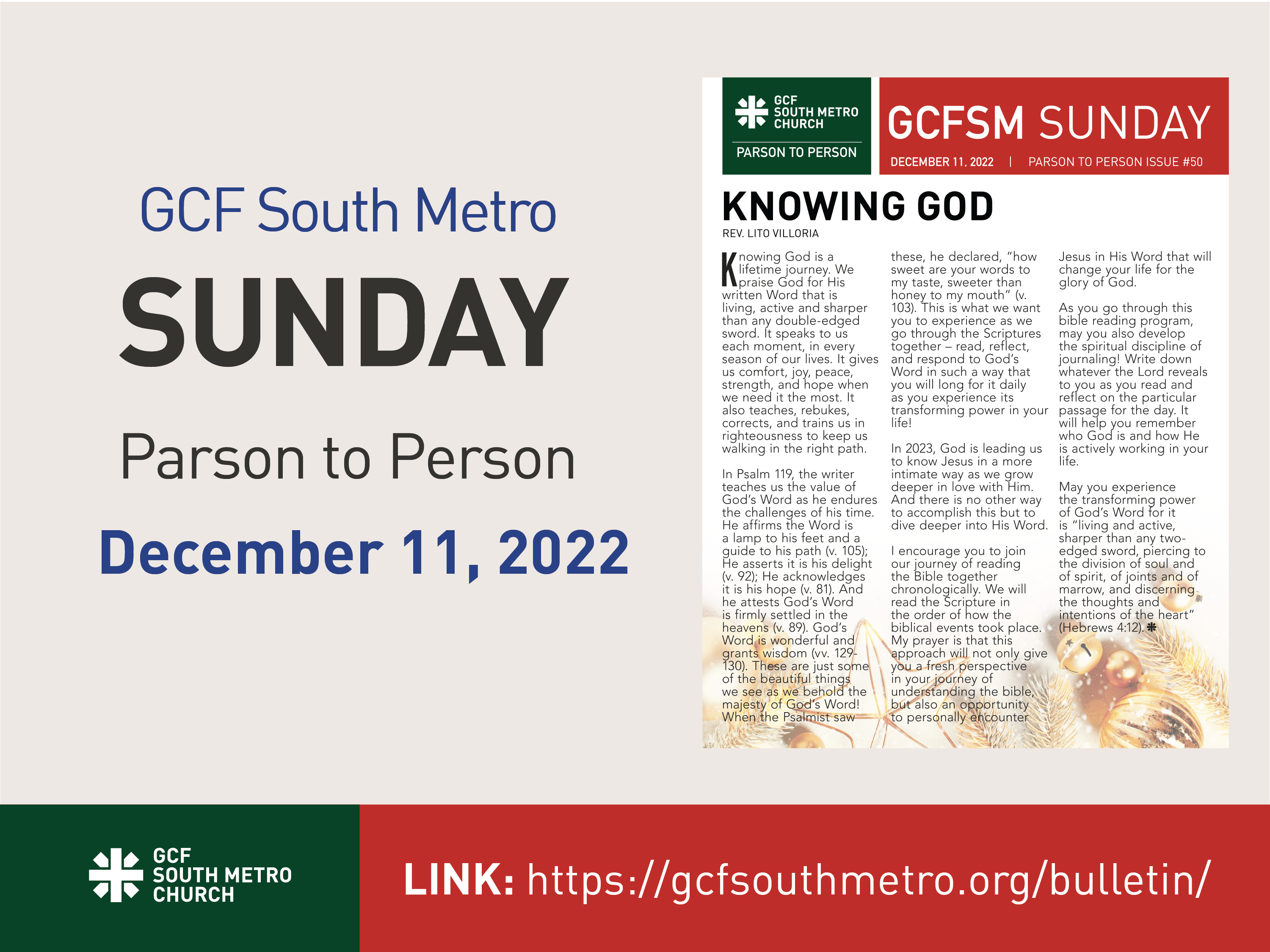 Sunday Bulletin – Parson to Person, December 11, 2022