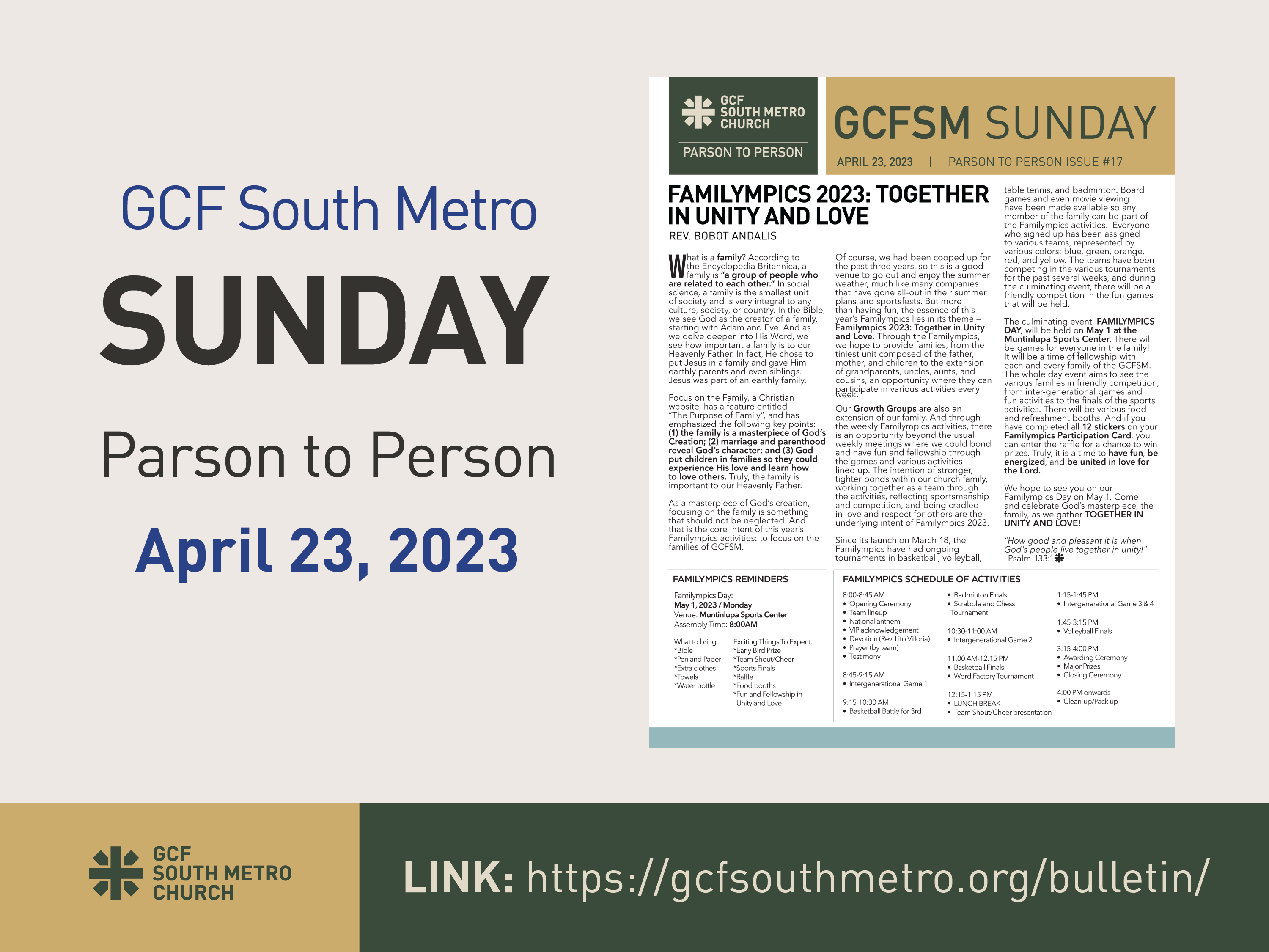 Sunday Bulletin – Parson to Person, April 23, 2023