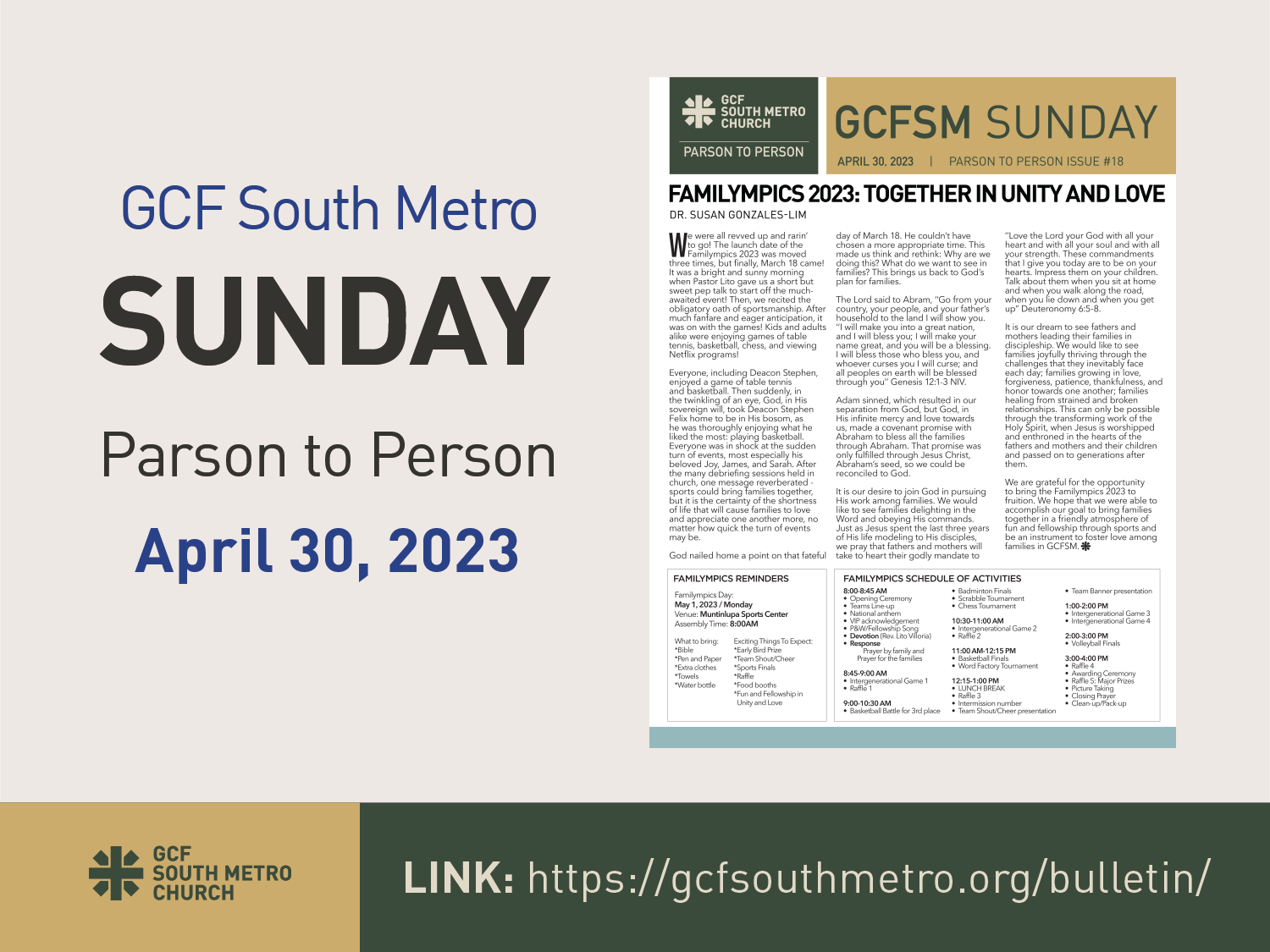 Sunday Bulletin – Parson to Person, April 30, 2023