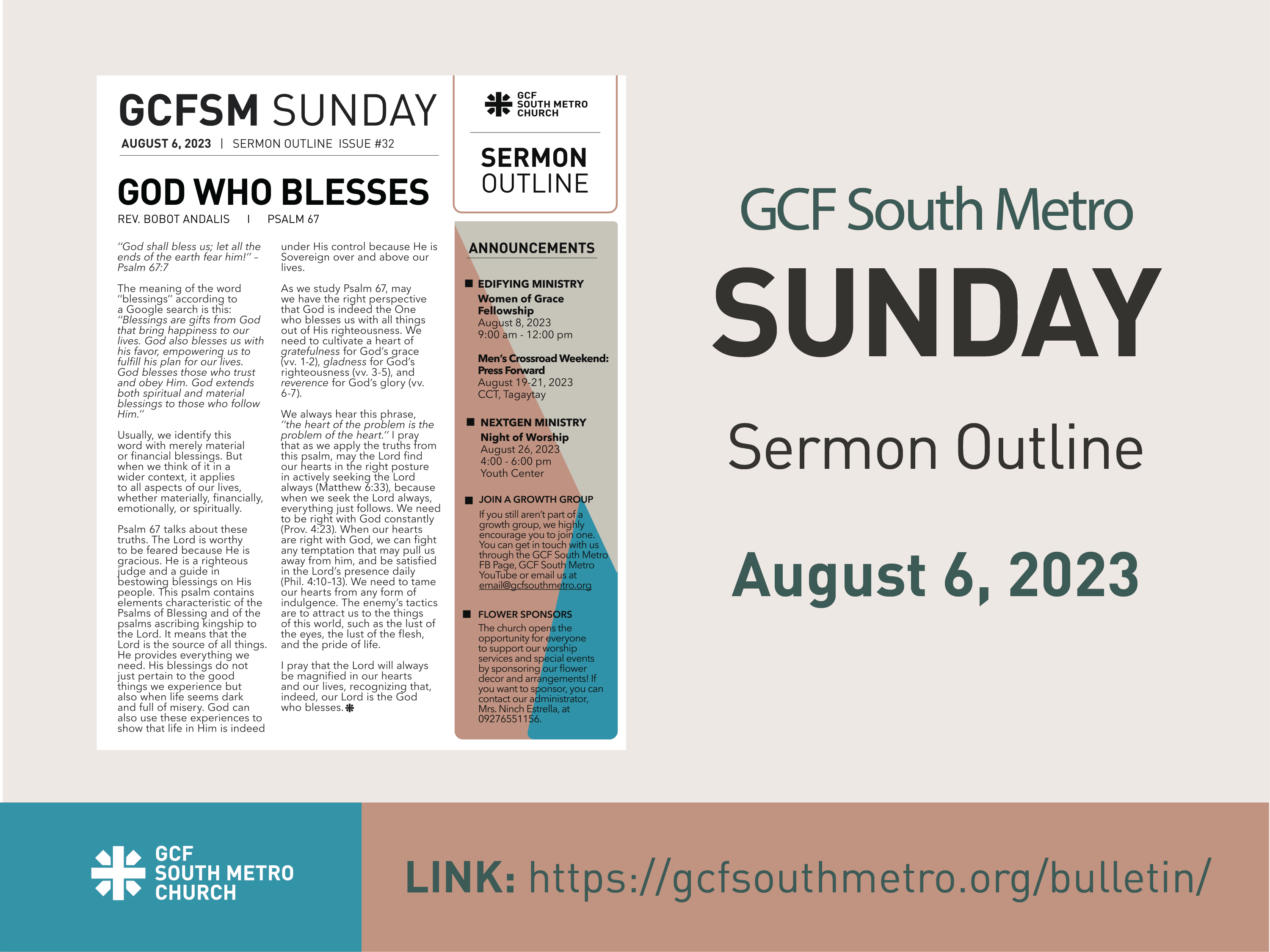 Sunday Bulletin – Sermon Outline, August 6, 2023