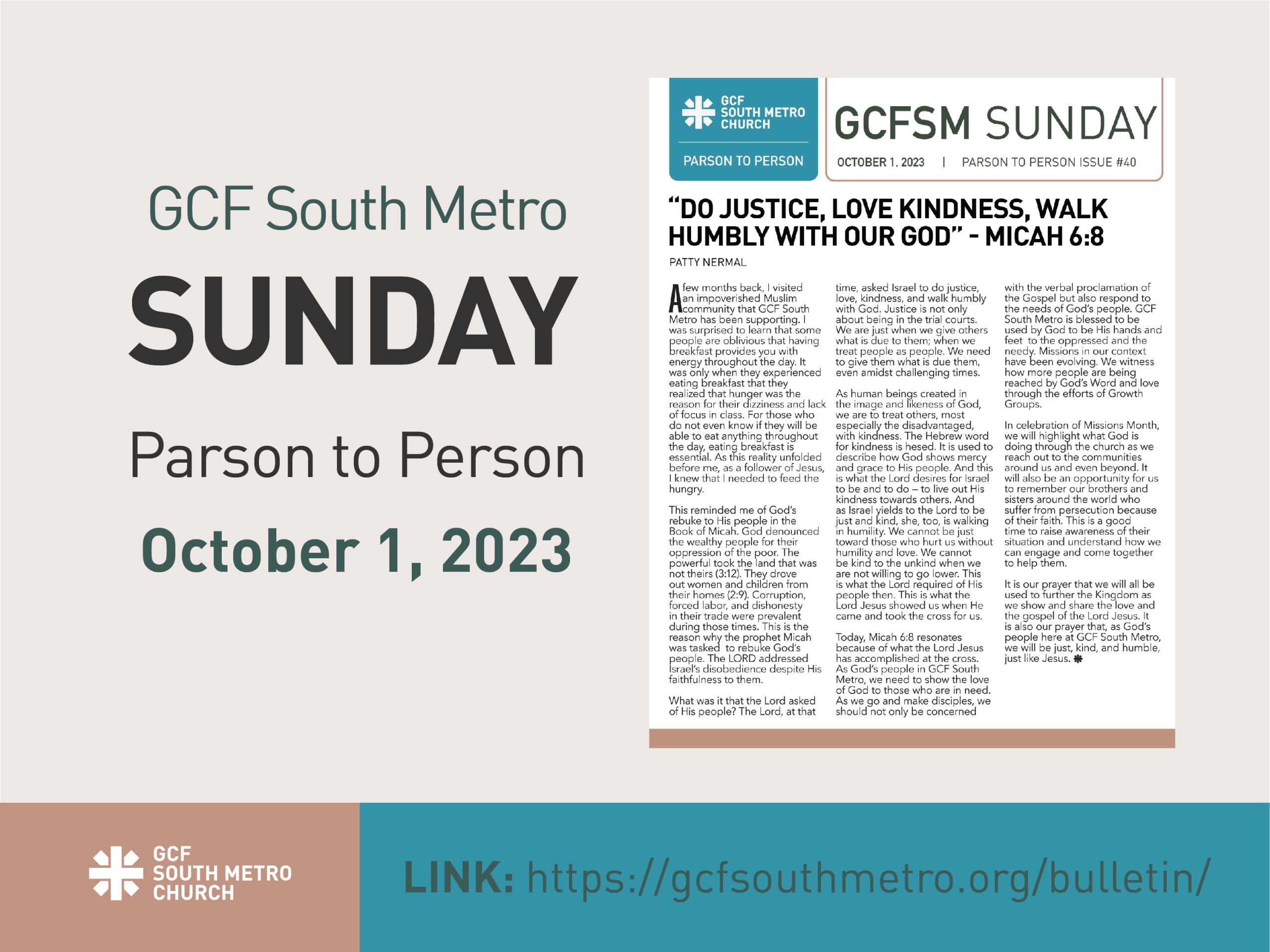 Sunday Bulletin – Parson to Person, October 1, 2023