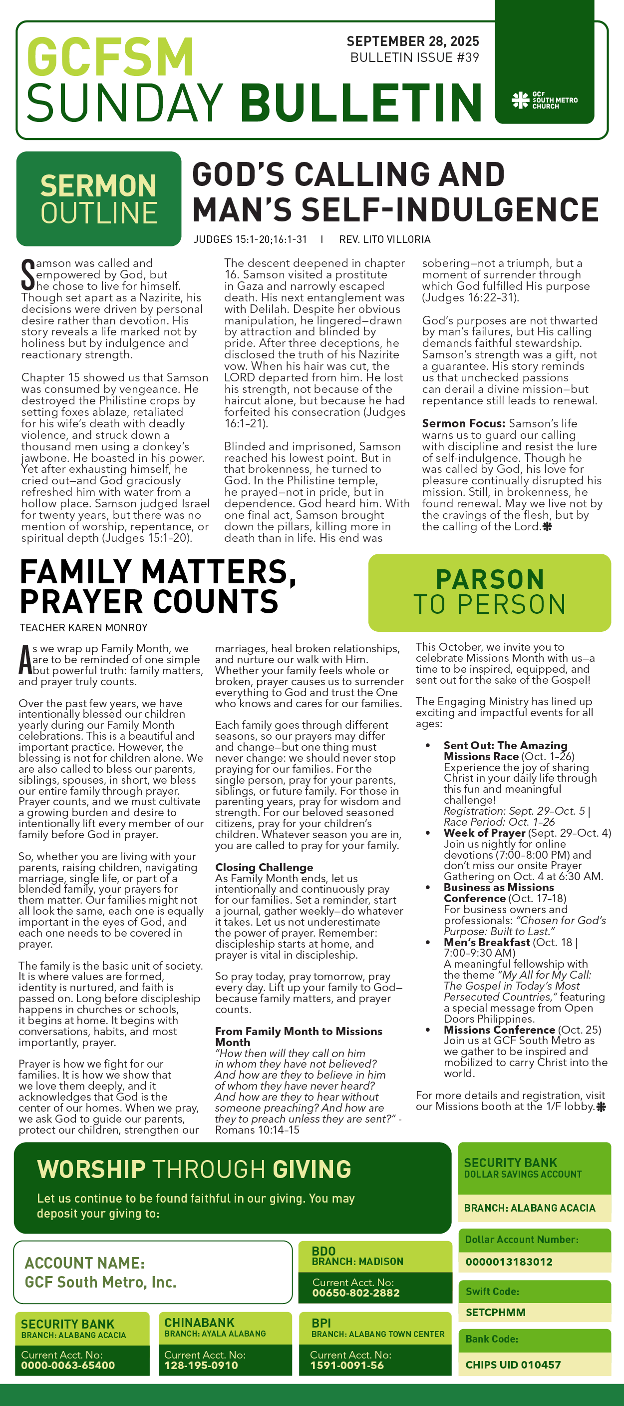 GCFSM Sunday Bulletin September 28, 2025