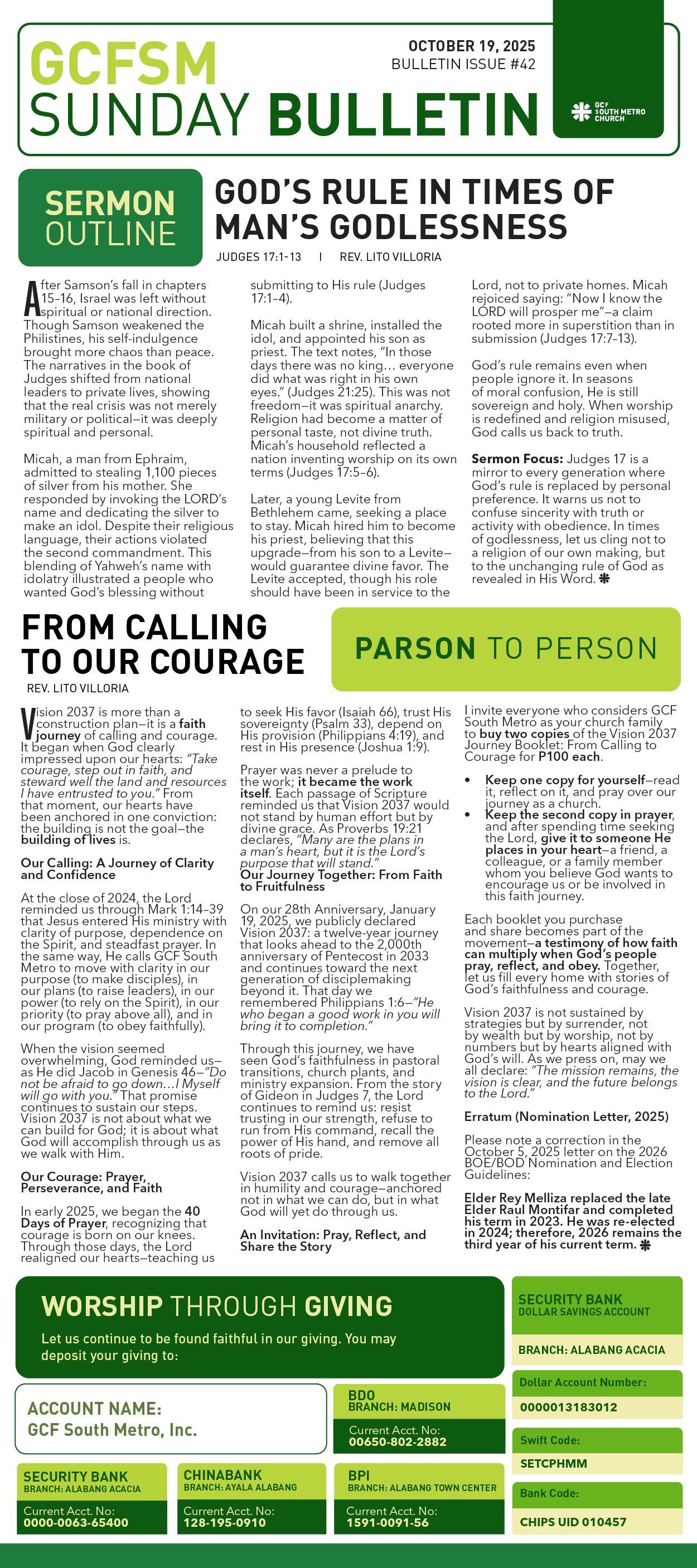 GCFSM Sunday Bulletin October 19, 2025