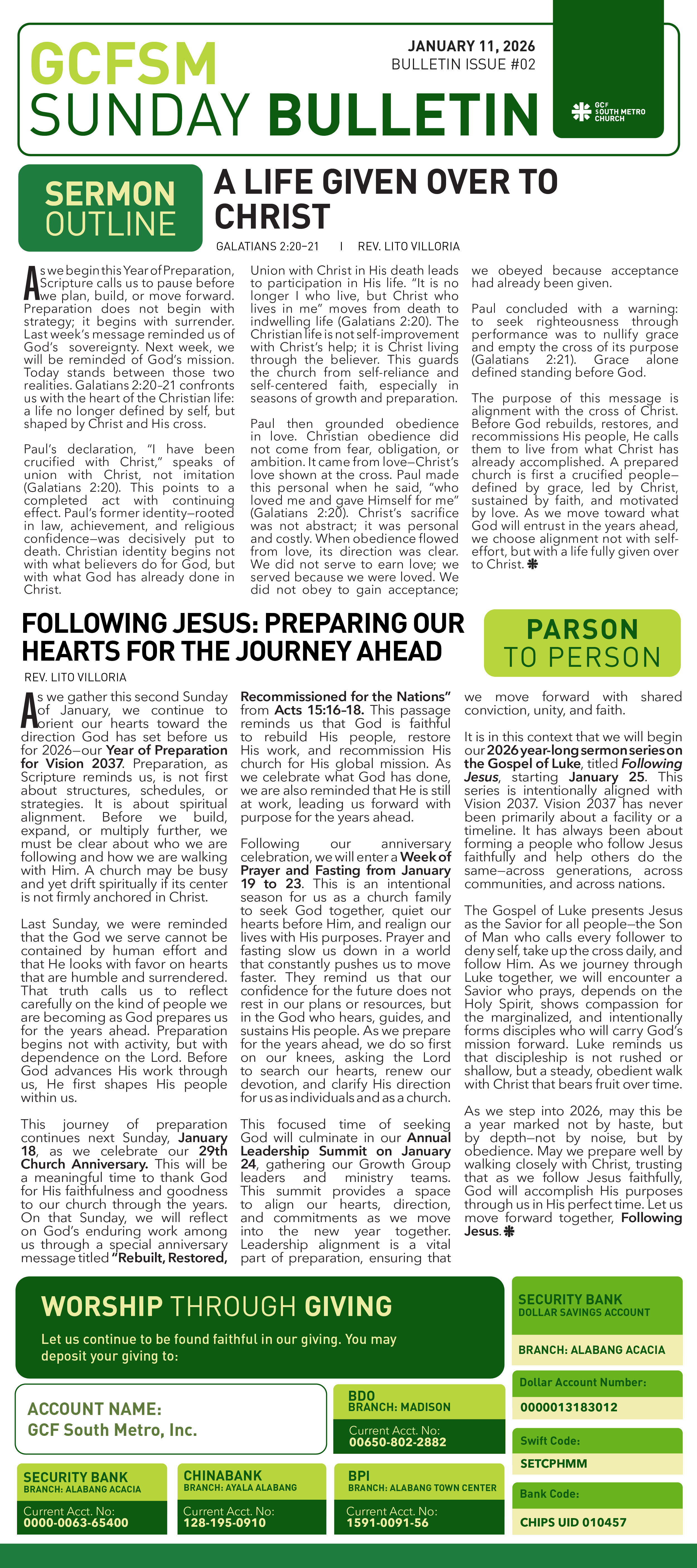 GCFSM Sunday Bulletin January 11, 2026