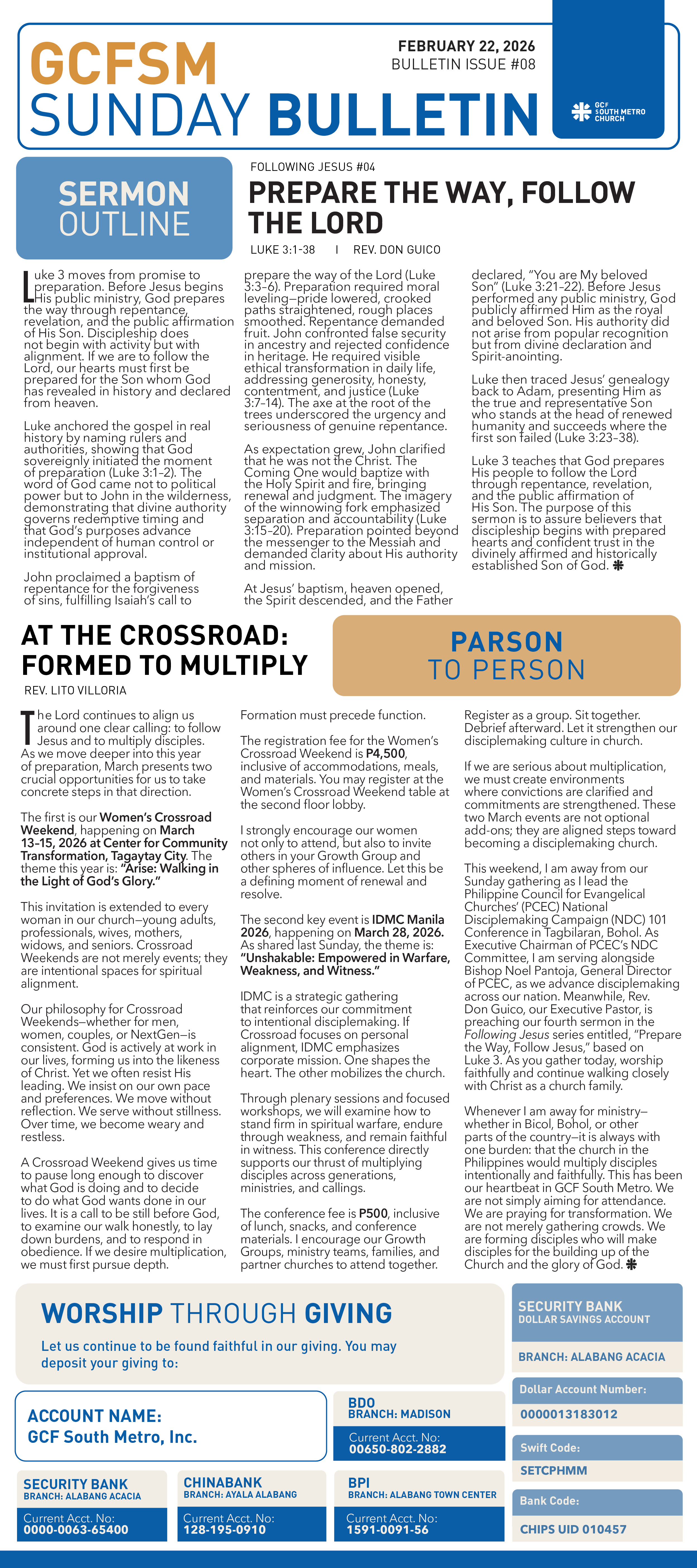 GCFSM Sunday Bulletin February 22, 2026