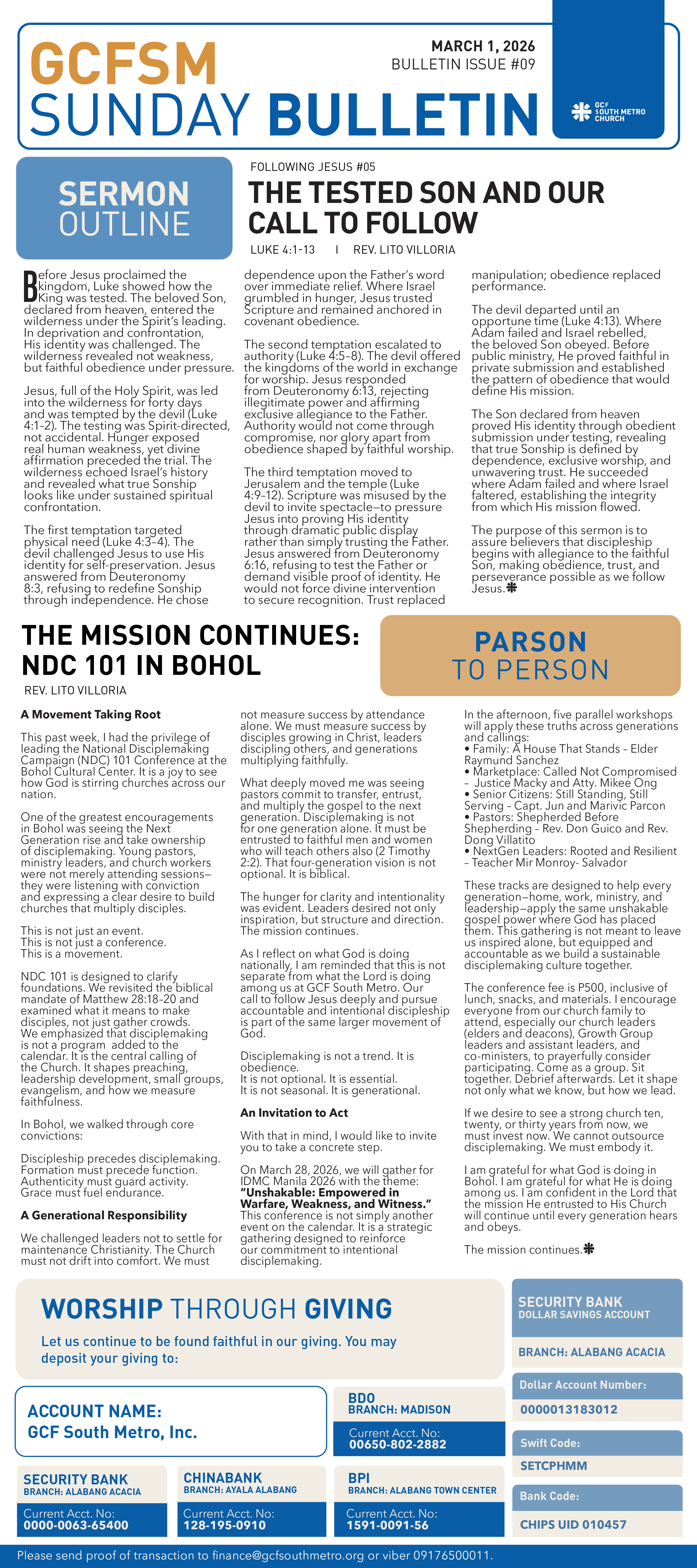 GCFSM Sunday Bulletin March 1, 2026