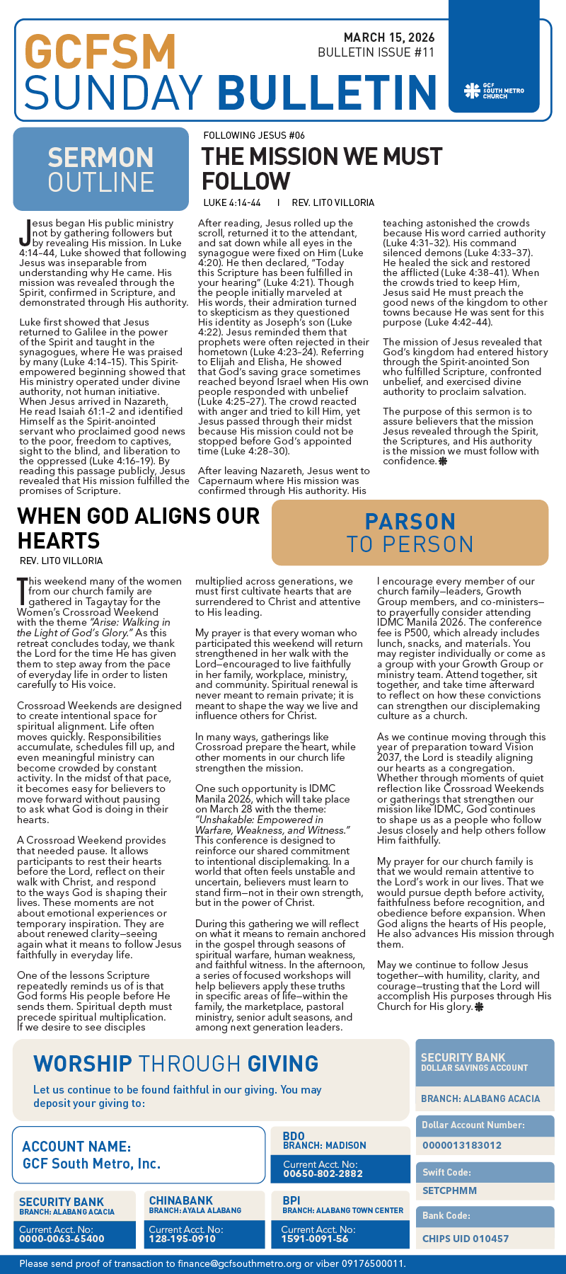 GCFSM Sunday Bulletin March 15, 2026