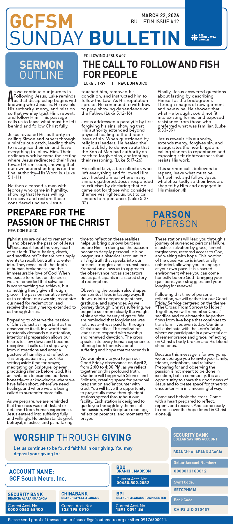 GCFSM Sunday Bulletin March 22, 2026