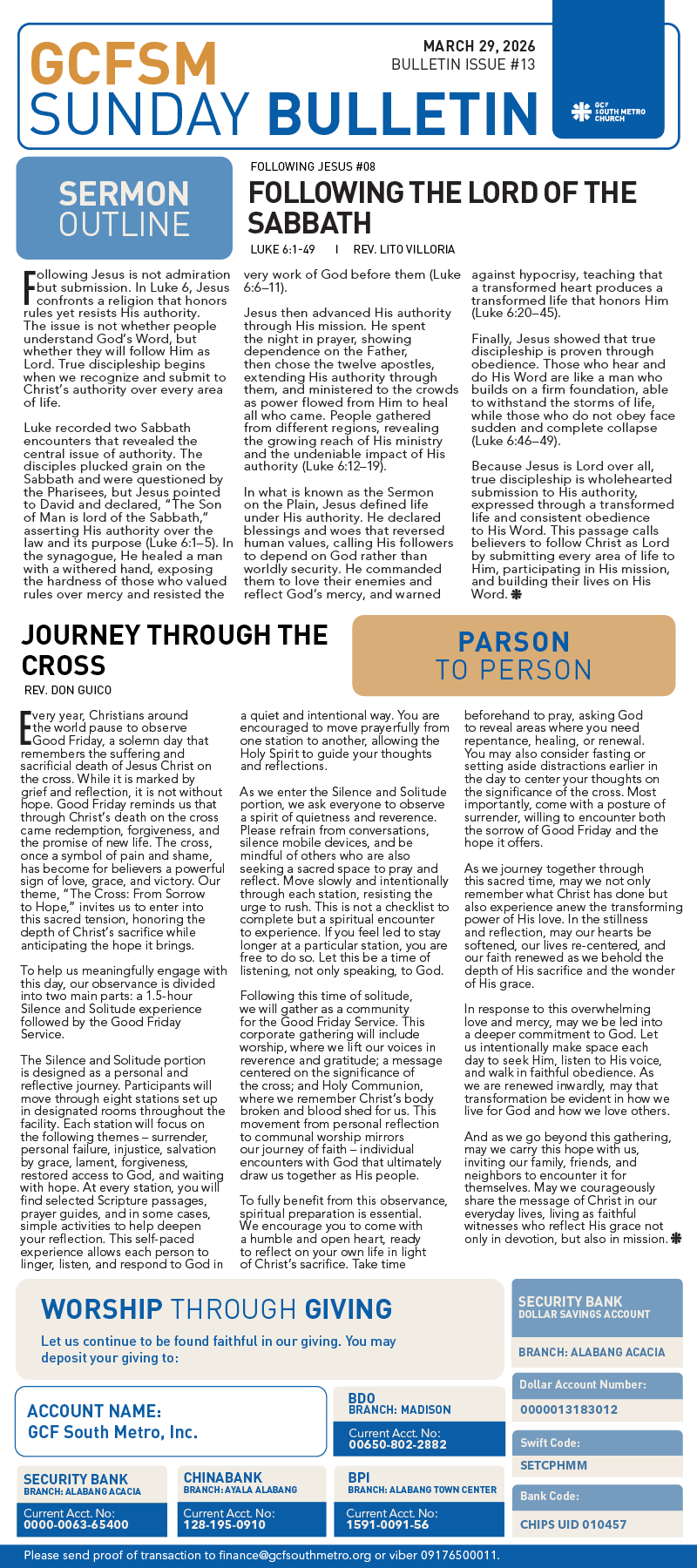 GCFSM Sunday Bulletin March 29, 2026