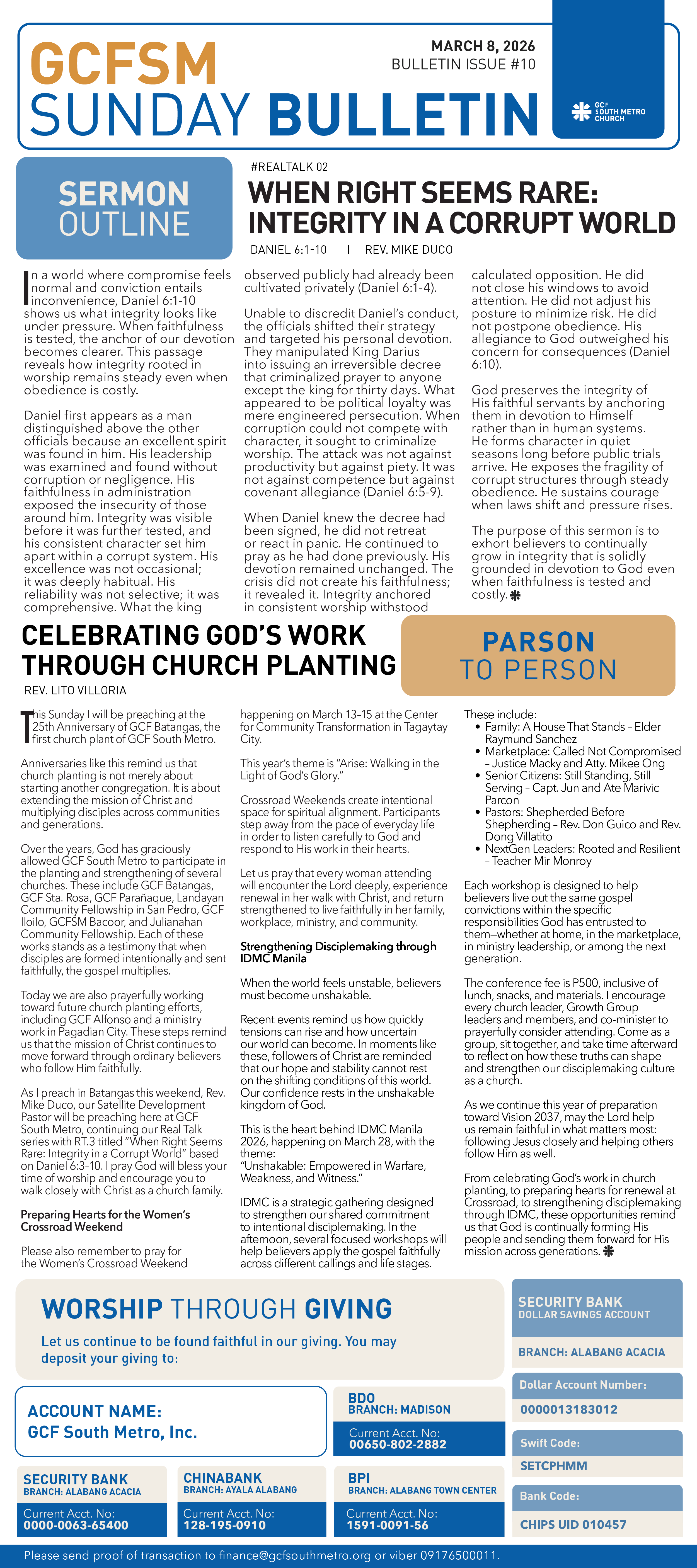 GCFSM Sunday Bulletin March 8, 2026