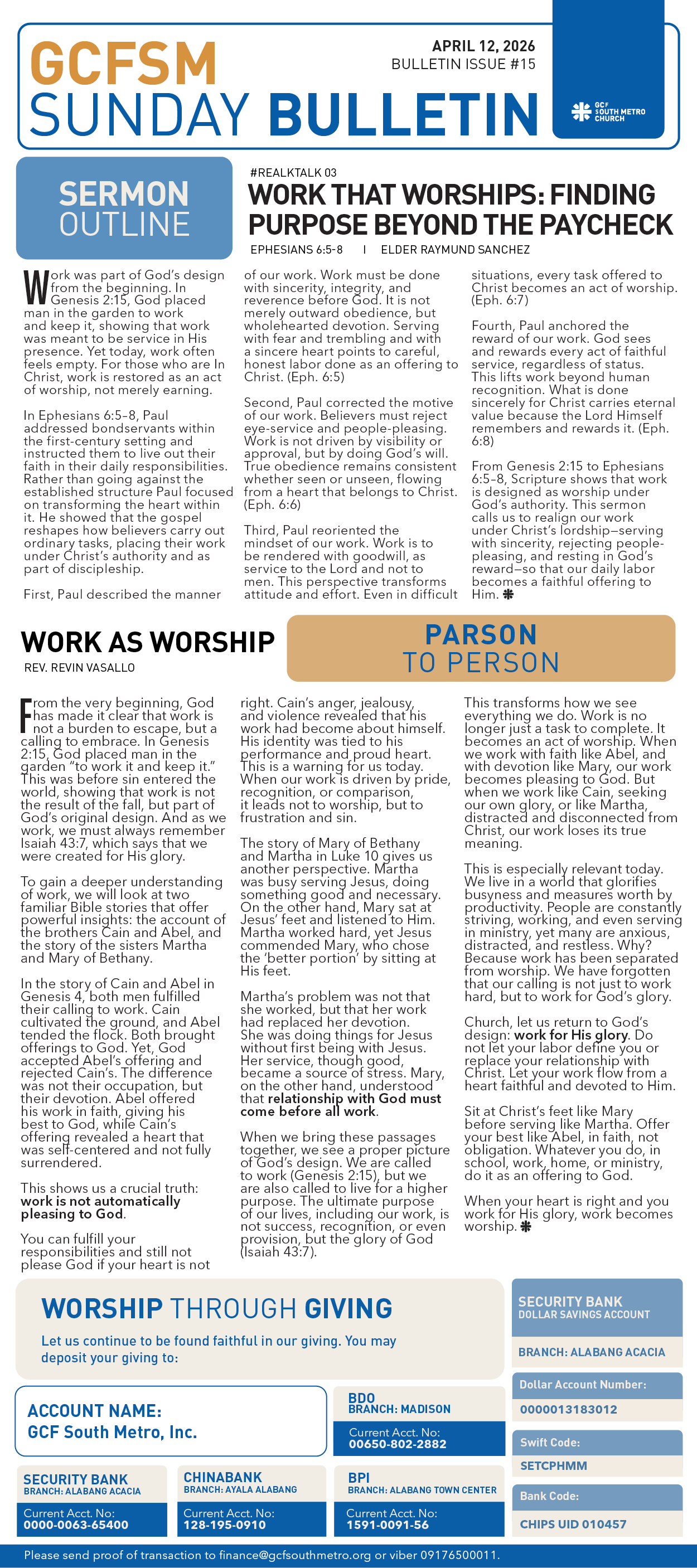 GCFSM Sunday Bulletin April 12, 2026