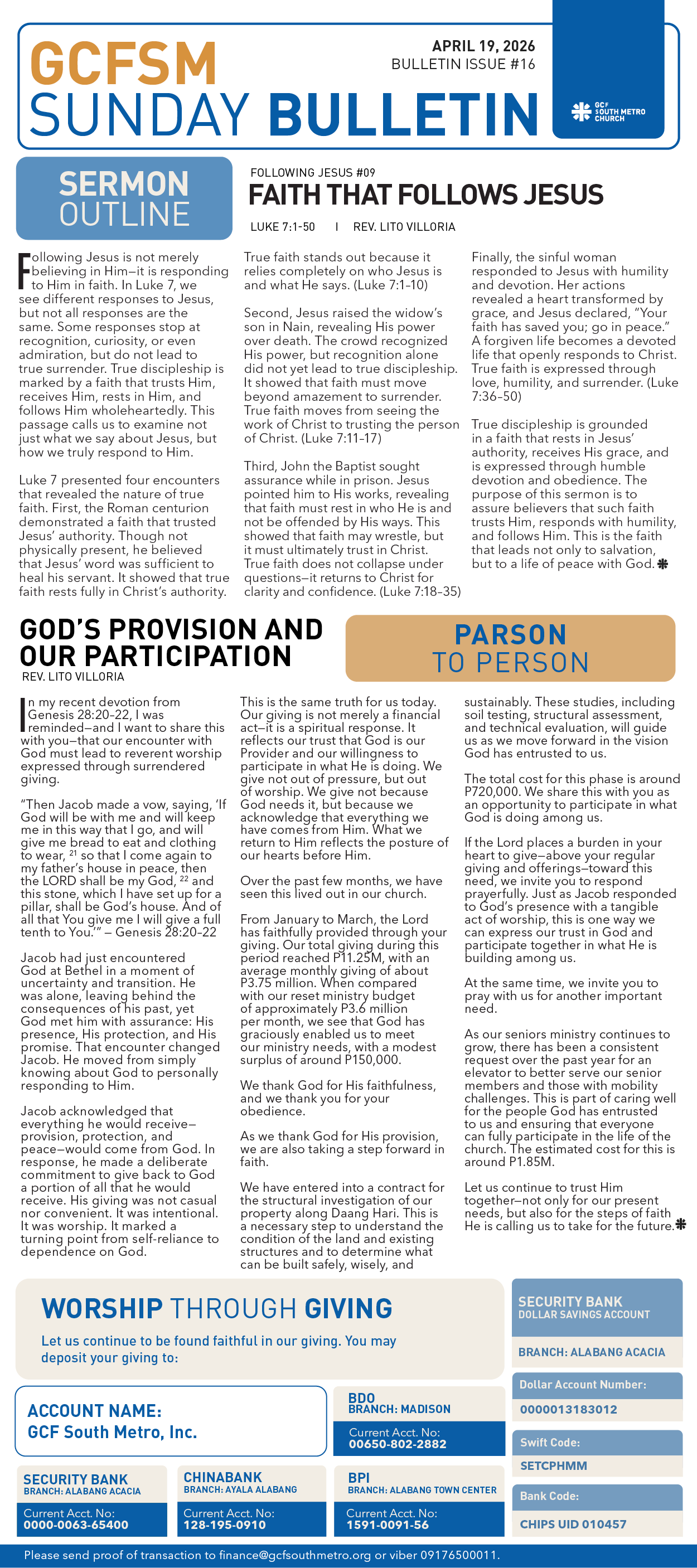 GCFSM Sunday Bulletin April 19, 2026