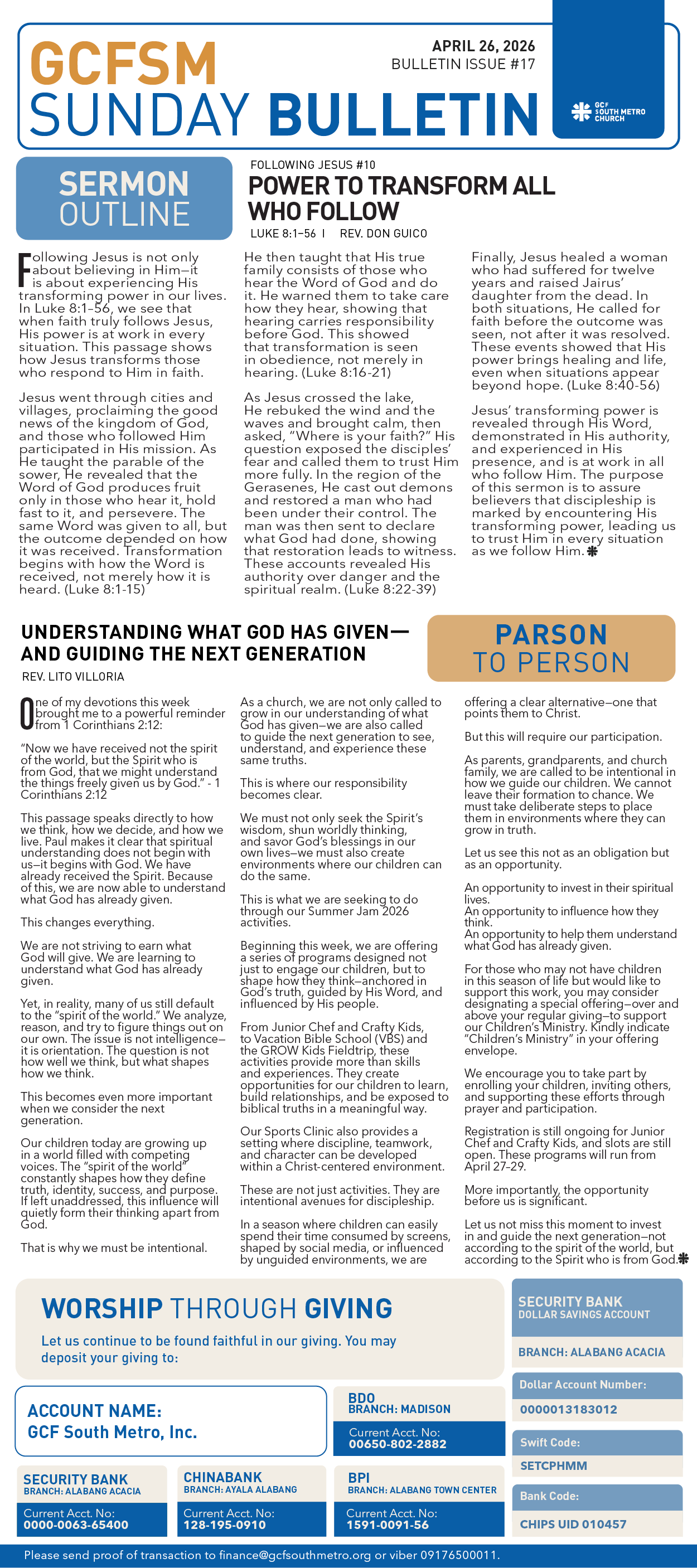 GCFSM Sunday Bulletin April 26, 2026