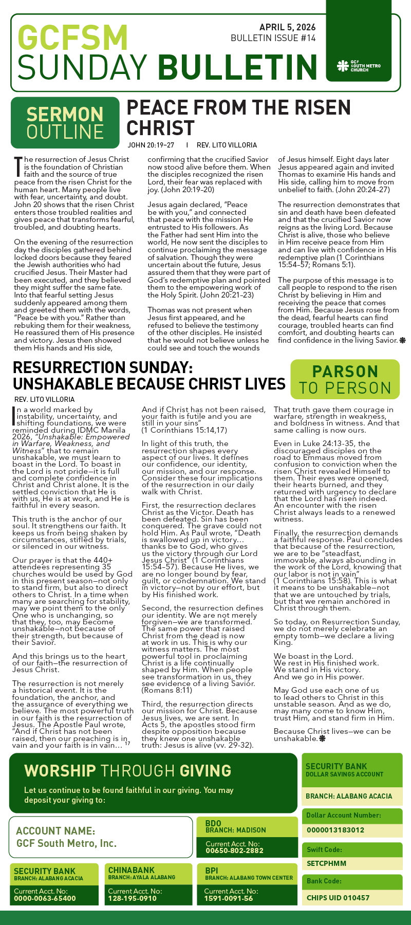 GCFSM Sunday Bulletin April 5, 2026