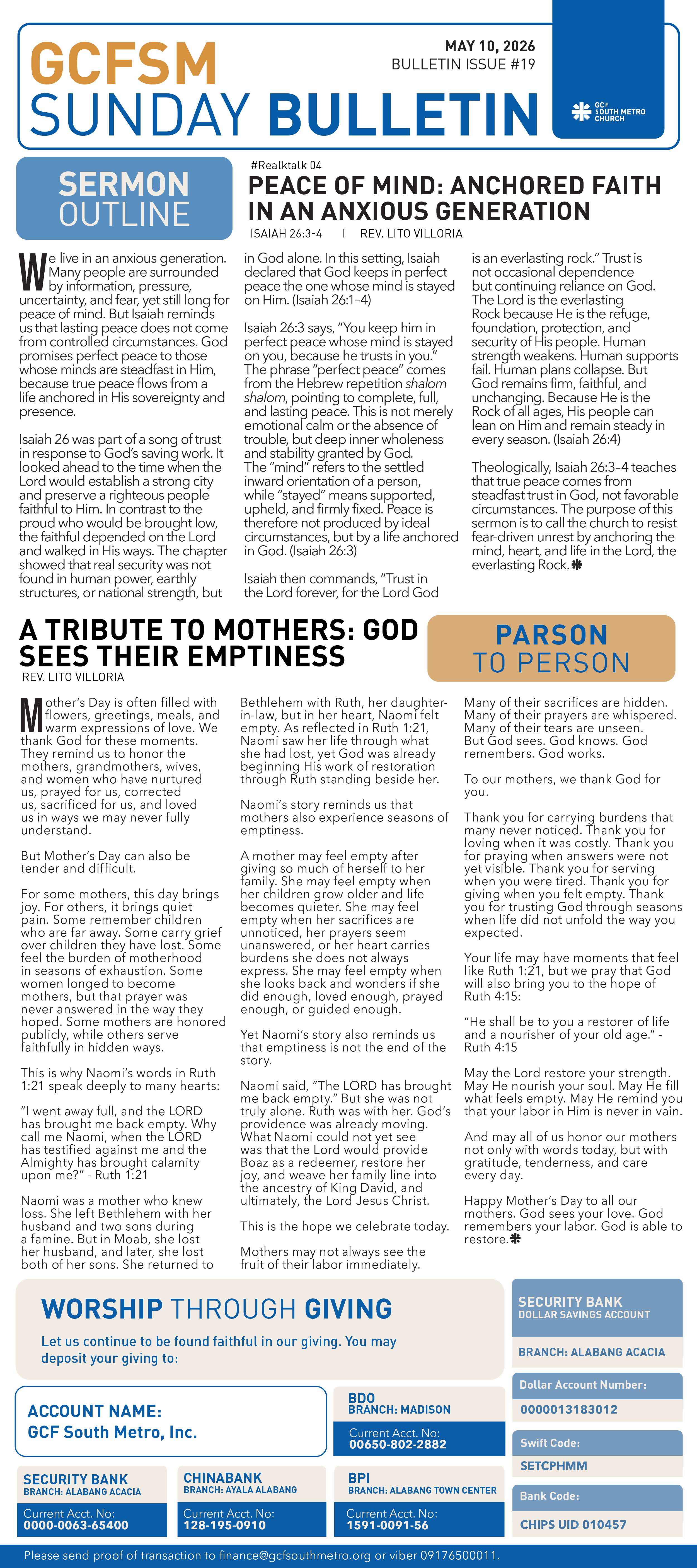 GCFSM Sunday Bulletin May 10, 2026