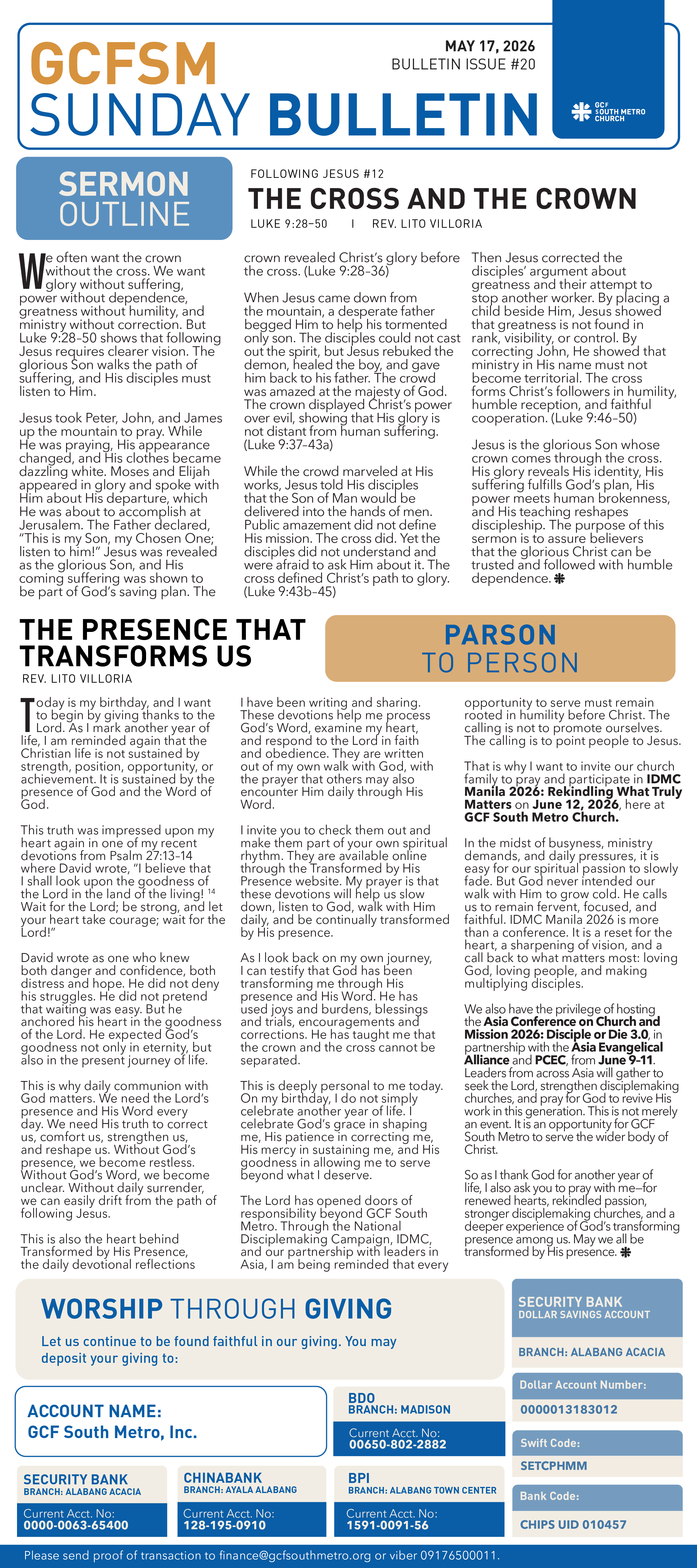 GCFSM Sunday Bulletin May 17, 2026