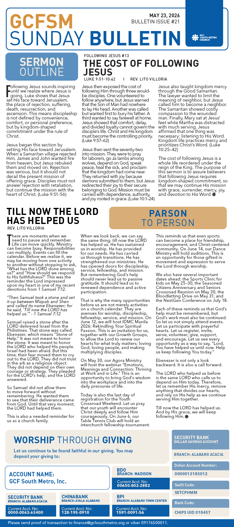GCFSM Sunday Bulletin May 24, 2026