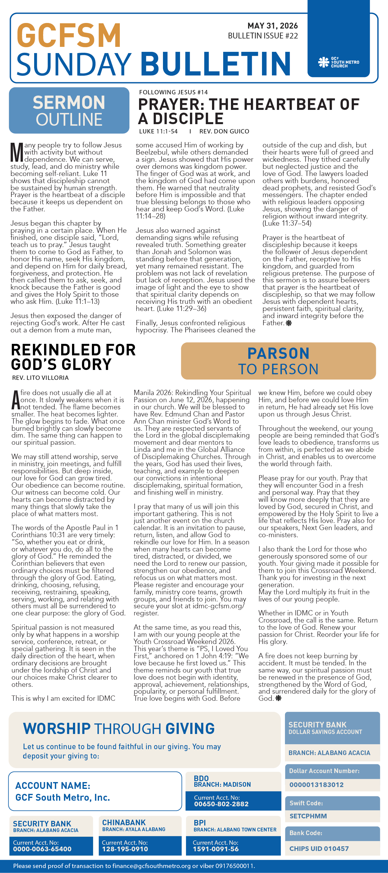 GCFSM Sunday Bulletin May 31, 2026
