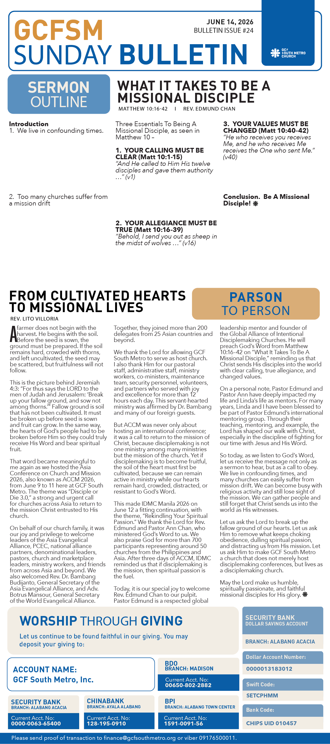GCFSM Sunday Bulletin June 14, 2026