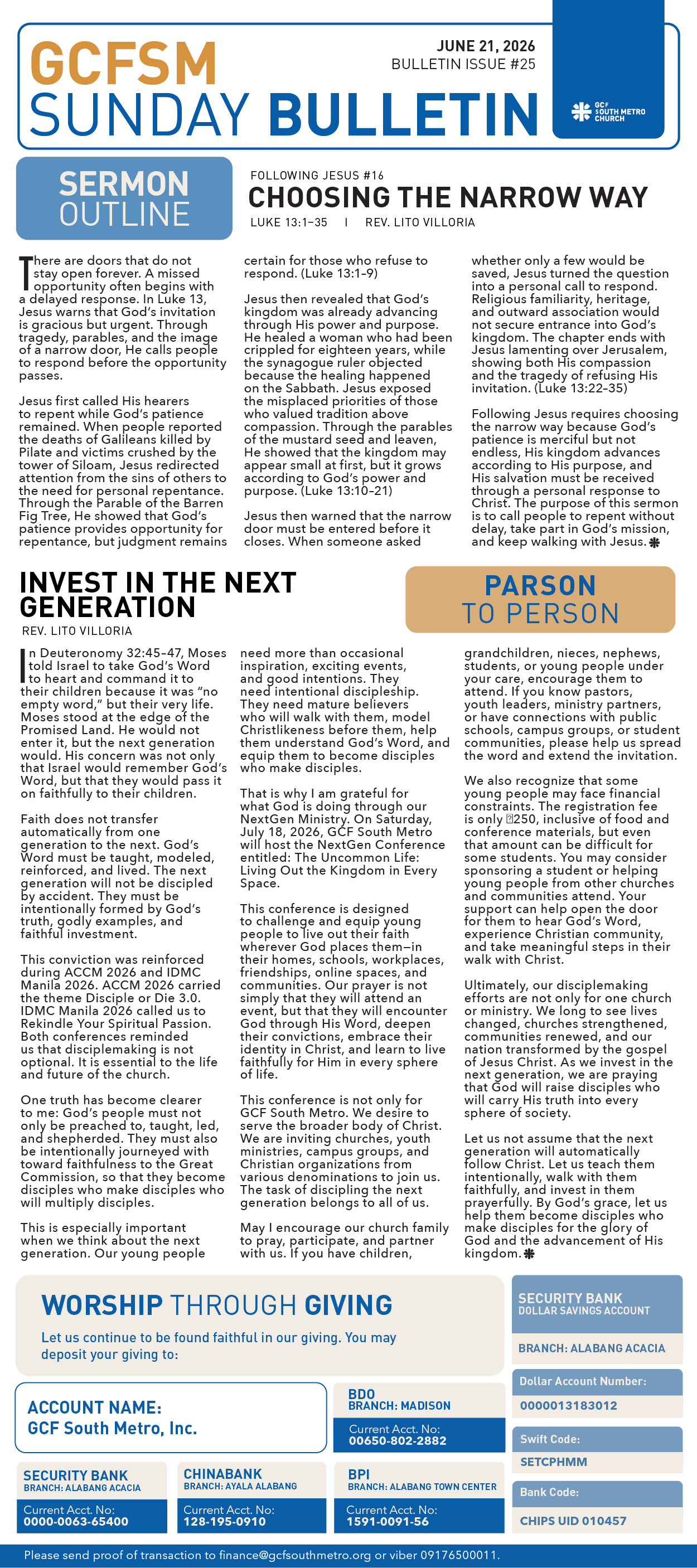 GCFSM Sunday Bulletin June 21, 2026