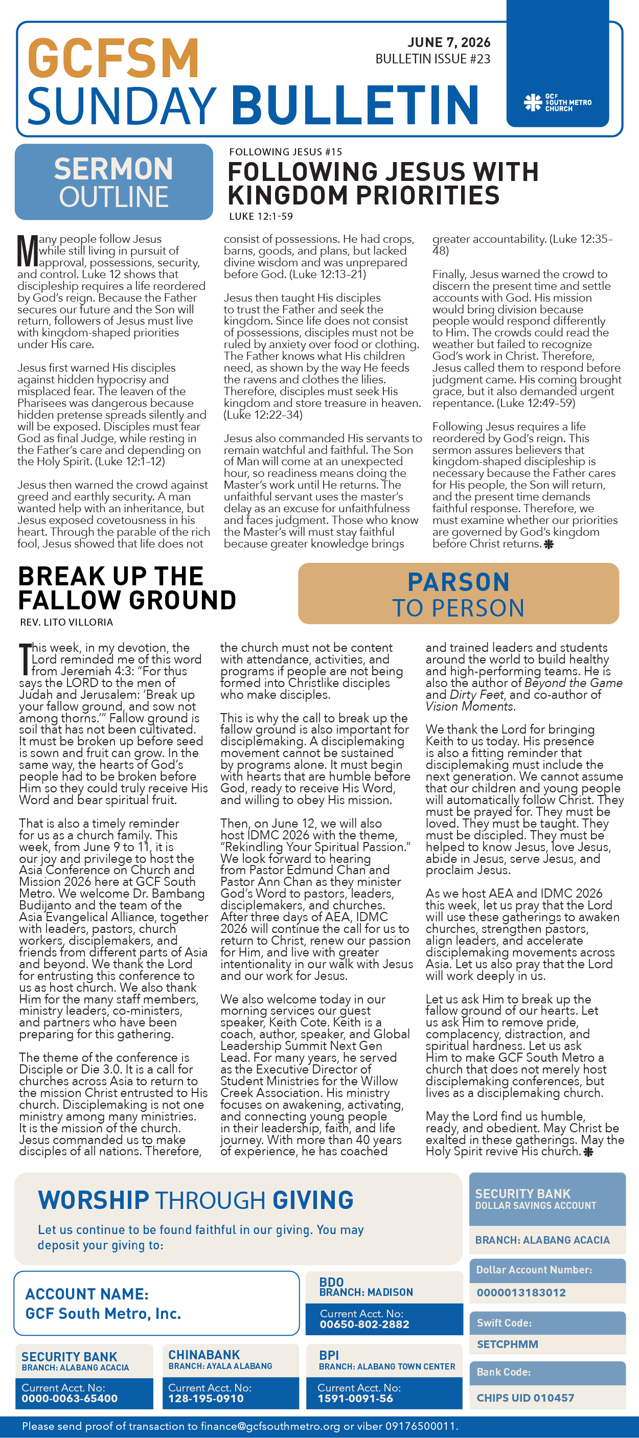 GCFSM Sunday Bulletin June 7, 2026