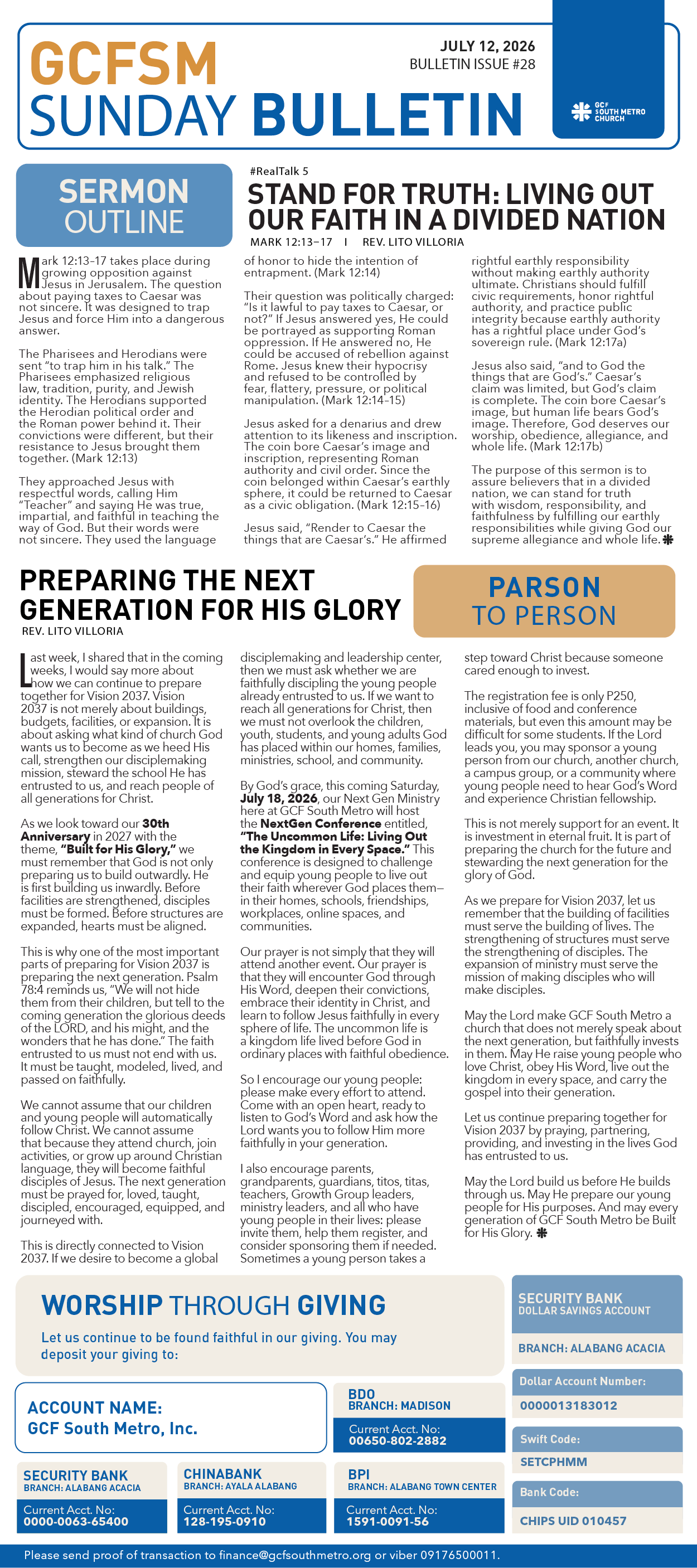 GCFSM Sunday Bulletin July 12, 2026