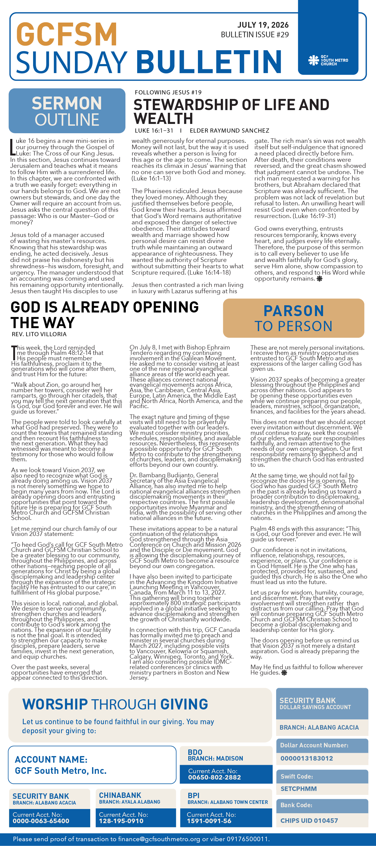 GCFSM Sunday Bulletin July 19, 2026