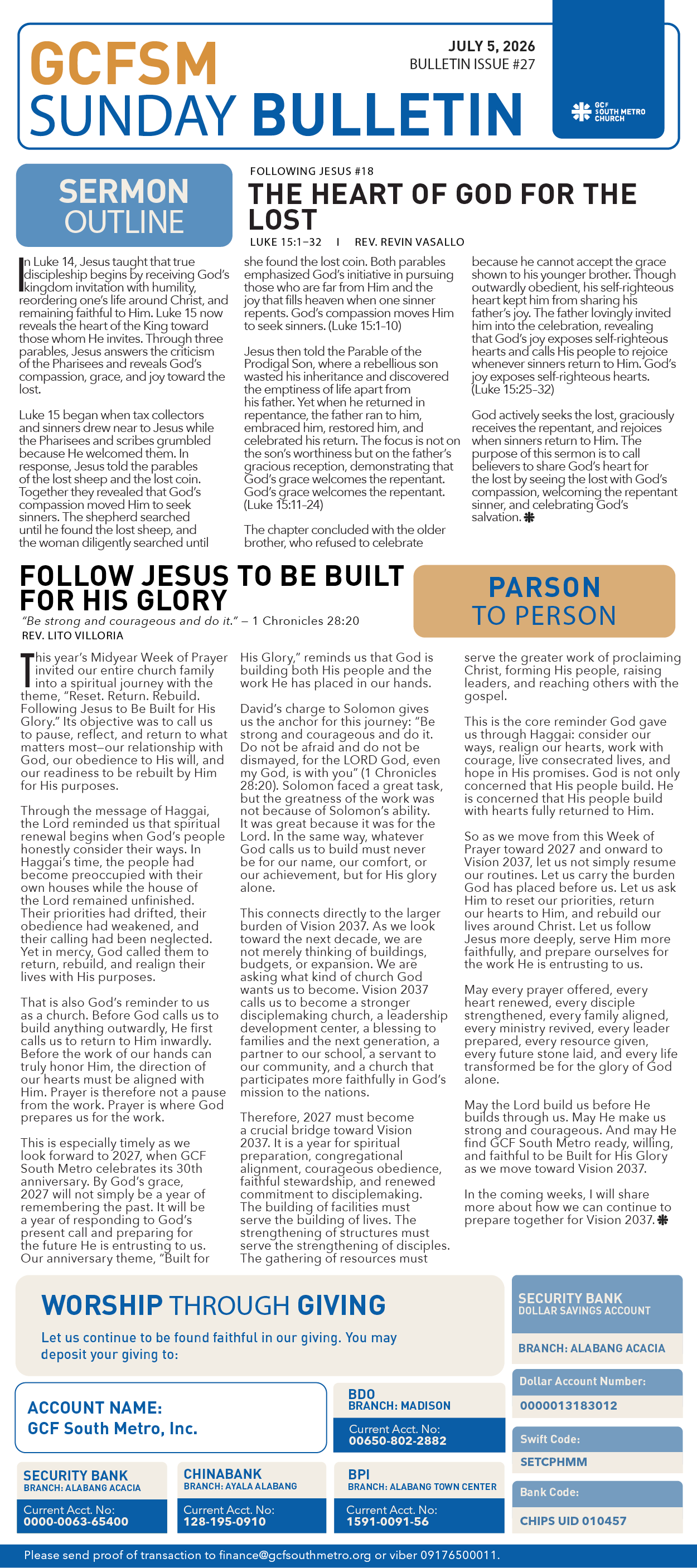 GCFSM Sunday Bulletin July 5, 2026