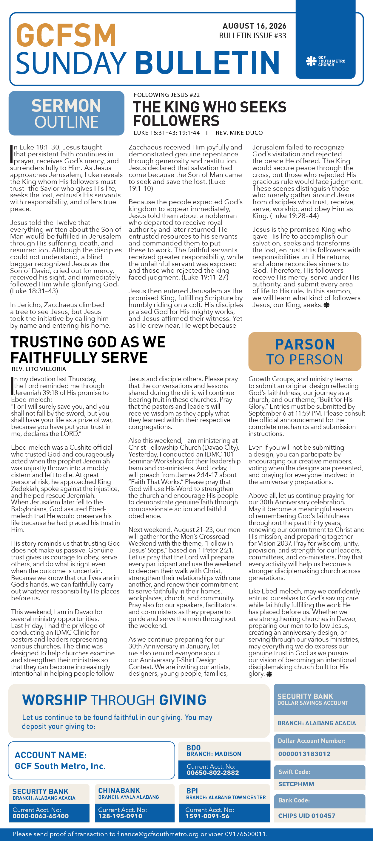 GCFSM Sunday Bulletin August 16, 2026